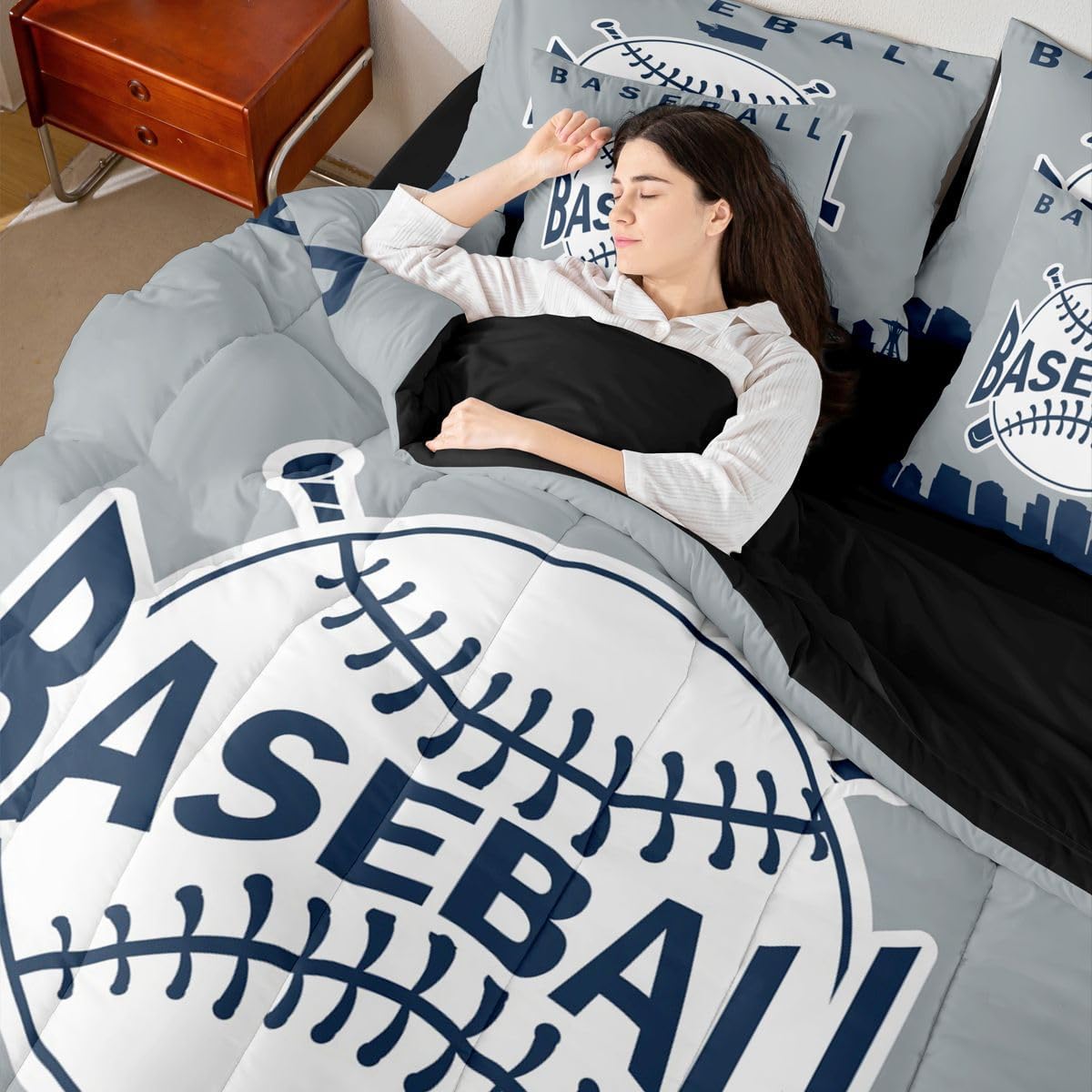 Kids Baseball 7 Piece Bedding Set For Queen Bed,Baseball City Bed In A Bag Sports Ball Games Comforter Set With Sheets City Building Silhouette Bed Sets For Boys Teens Adult, Grey Navy Blue