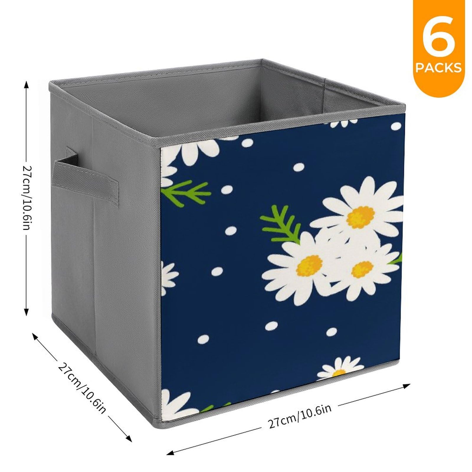 Cubi portaoggetti pieghevoli da 28 x 28 cm, con fiori bianchi, margherite, in tessuto, con manici, vestiti, coperte, giocattoli, organizer per casa e ufficio, confezione da 6