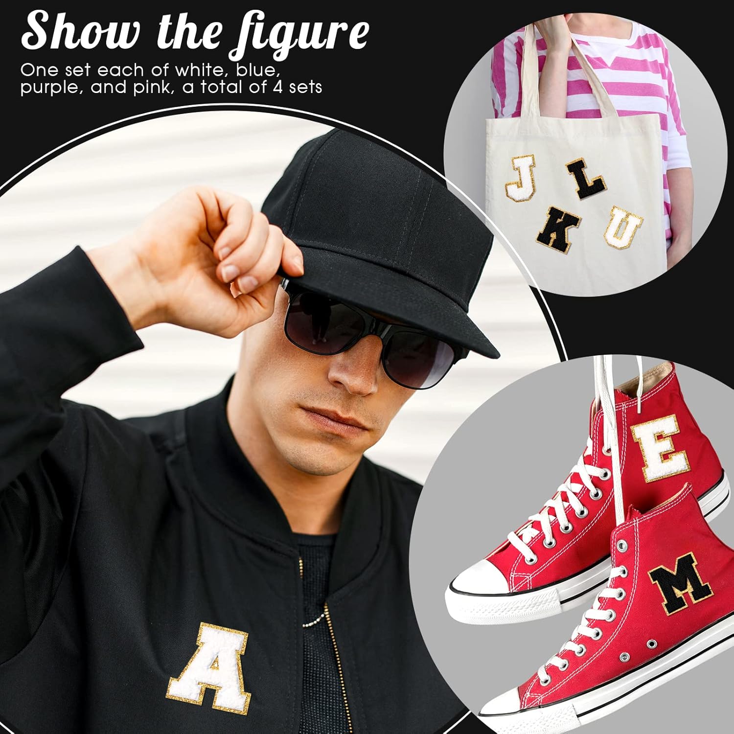 104 Pcs Letter Patch Iron on Chenille A-Z Repair Alphabet Applique Patches Embroidered Letter Sew on with Gold Border for Bags Shirts(2.36'',Black, White)