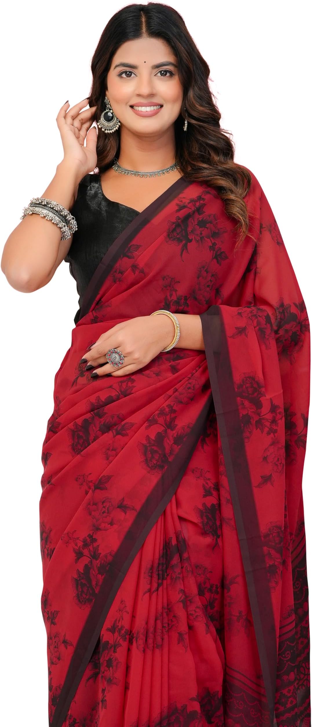 Sourbh Mirchi Fashion Women's Plastic Mirror Border Indian Saree with Un-stitched Blouse