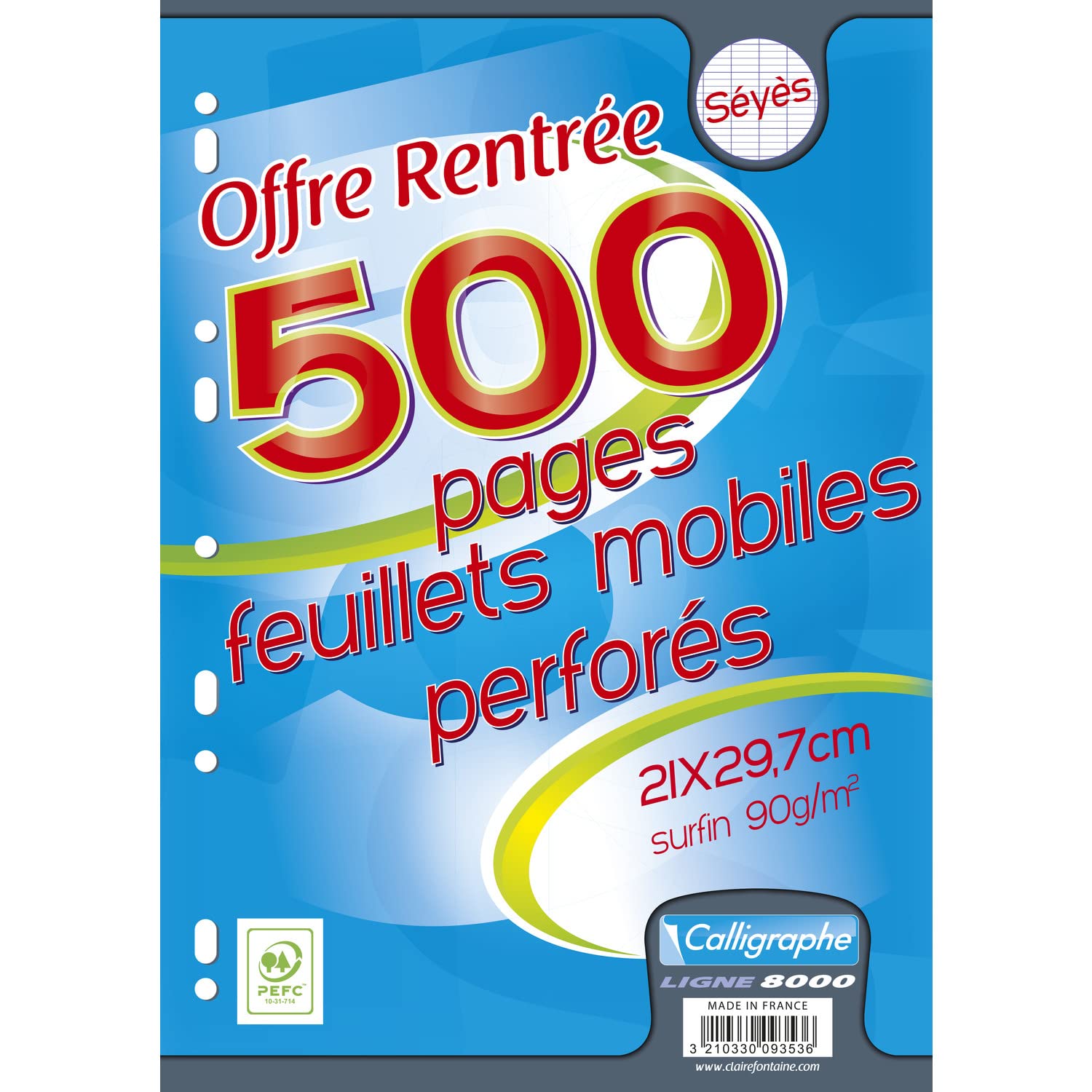 Calligraphe 9353C (Clairefontaine) - One Pack of Loose Sheets in film - A4 21x29.7 cm - 500 Seyes Ruled Pages - white paper 90g - For binder 32x26 cm minimum