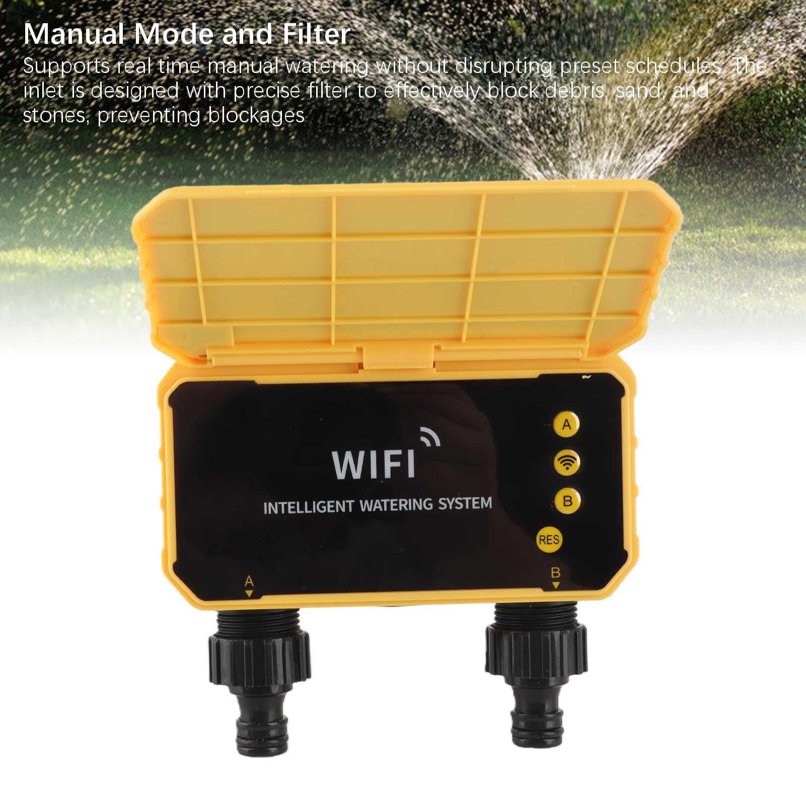 Timer per irrigazione solare 2 uscite, timer per irrigazione automatico con controllo APP con rilevamento della pioggia, batteria di riserva da 3200 mAh per irrigazione