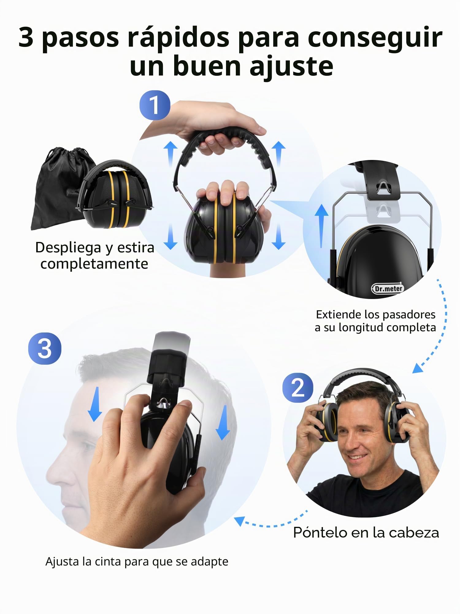 Dr.meter Cascos Antiruido Adultos 31dB, Cascos de Obra Protectores Auditivos Ajustables para Trabajo, Construcción, Tiro Deportivo y Estudio, Cascos Insonorizados Aislantes de Ruido, Negro+Amarillo