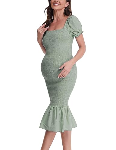 Maternity Summer Midi Bodycon Dresses, Short Puff Sleeve Square Neck
