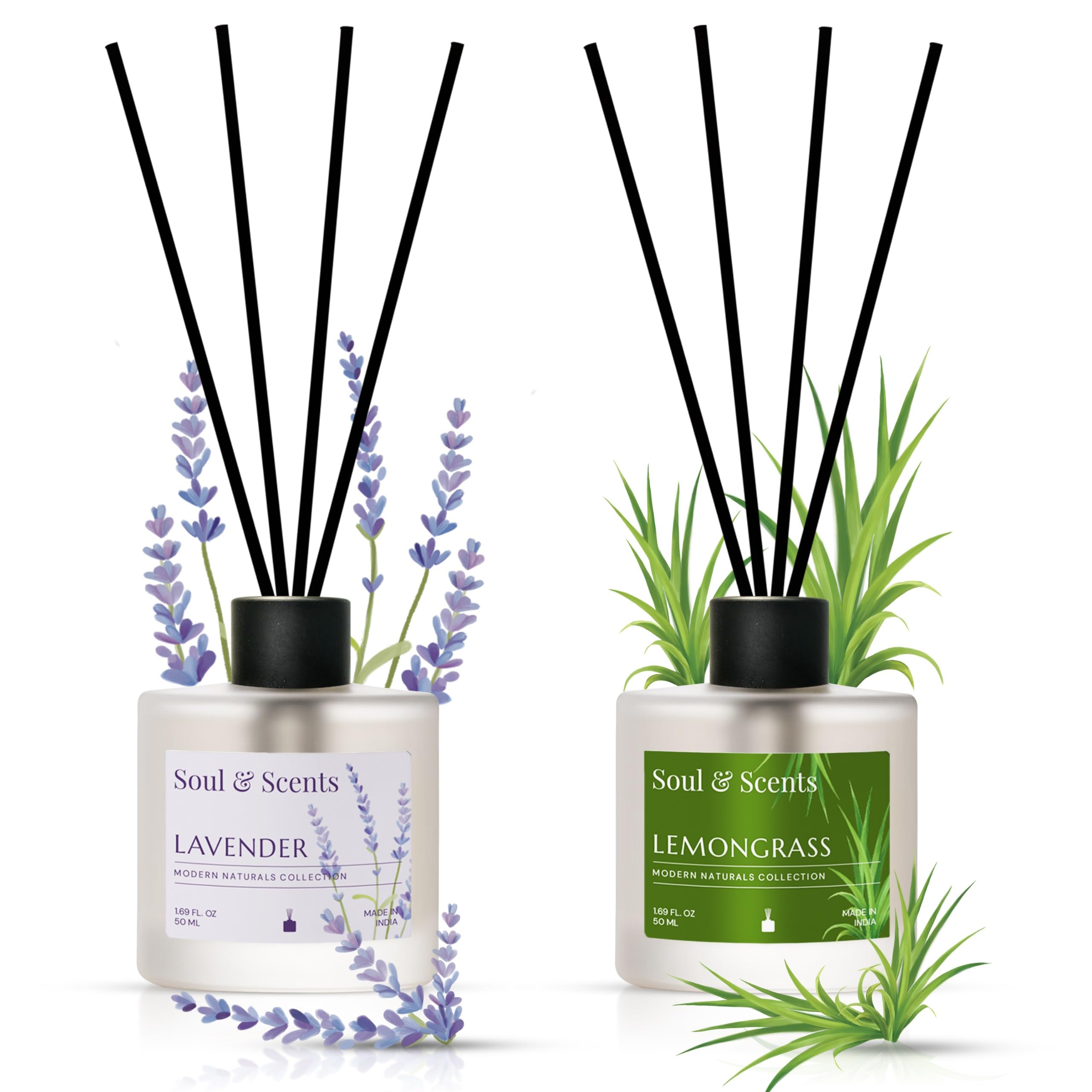 Soul & Scents Lavender and Lemongrass Reed Diffuser Set - 100ml with Free 10 Rattan Reed Sticks| Toxin Free & Stress Relief| Long Lasting | Room Freshener for Home, Bedroom & Office| Combo Pack of 2
