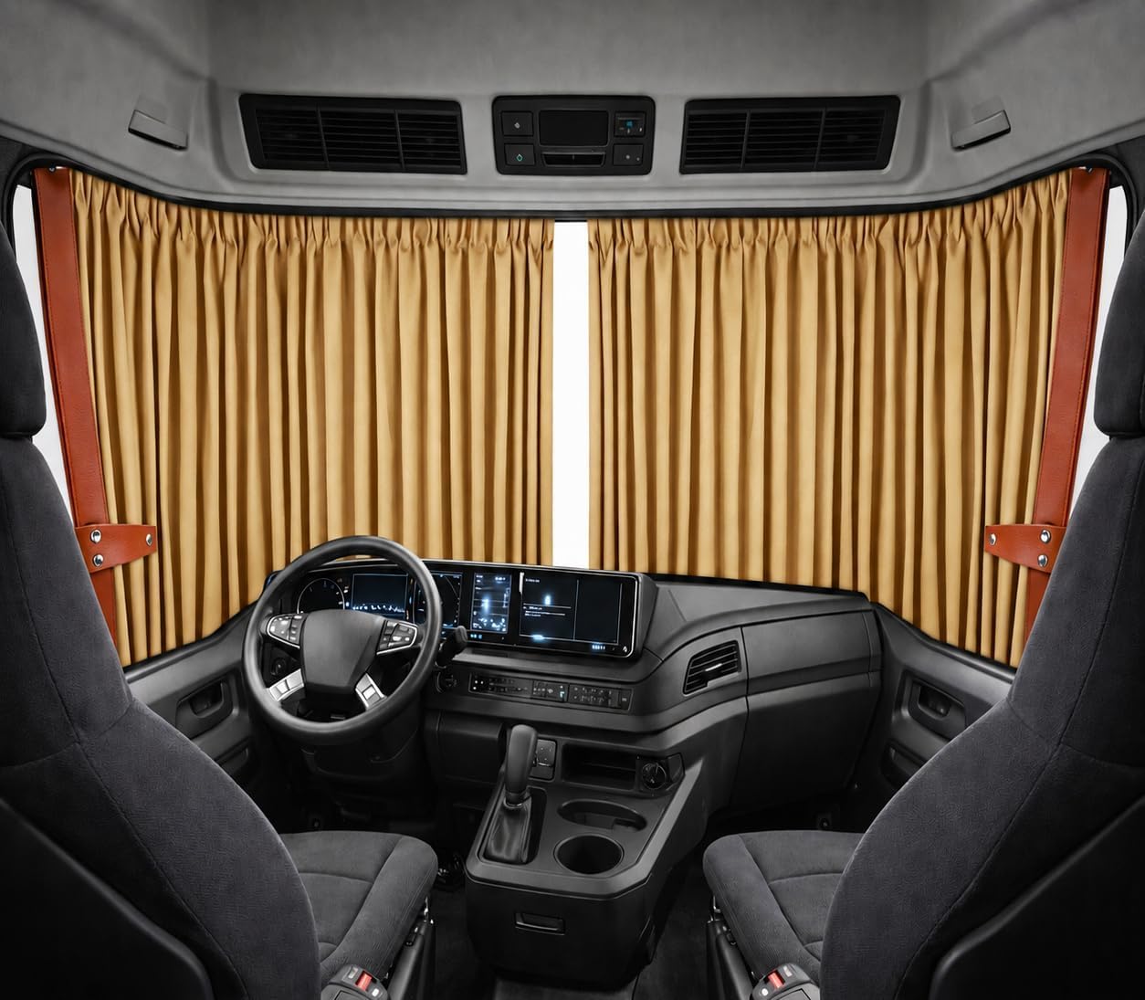 Rideaux de camion - Ajustement universel - Beige avec bord en cuir marron + crochets