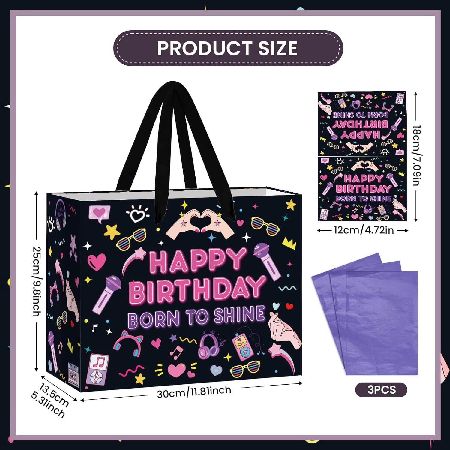 Kpop Birthday Gift Bag with Tissue Paper and Card Large Music Gift Bag for Girls Teens Finger Heart Born to Shine Kpop Wrapping Paper Neon Musical Idol Party Decor for Girls Birthday Party Supplies