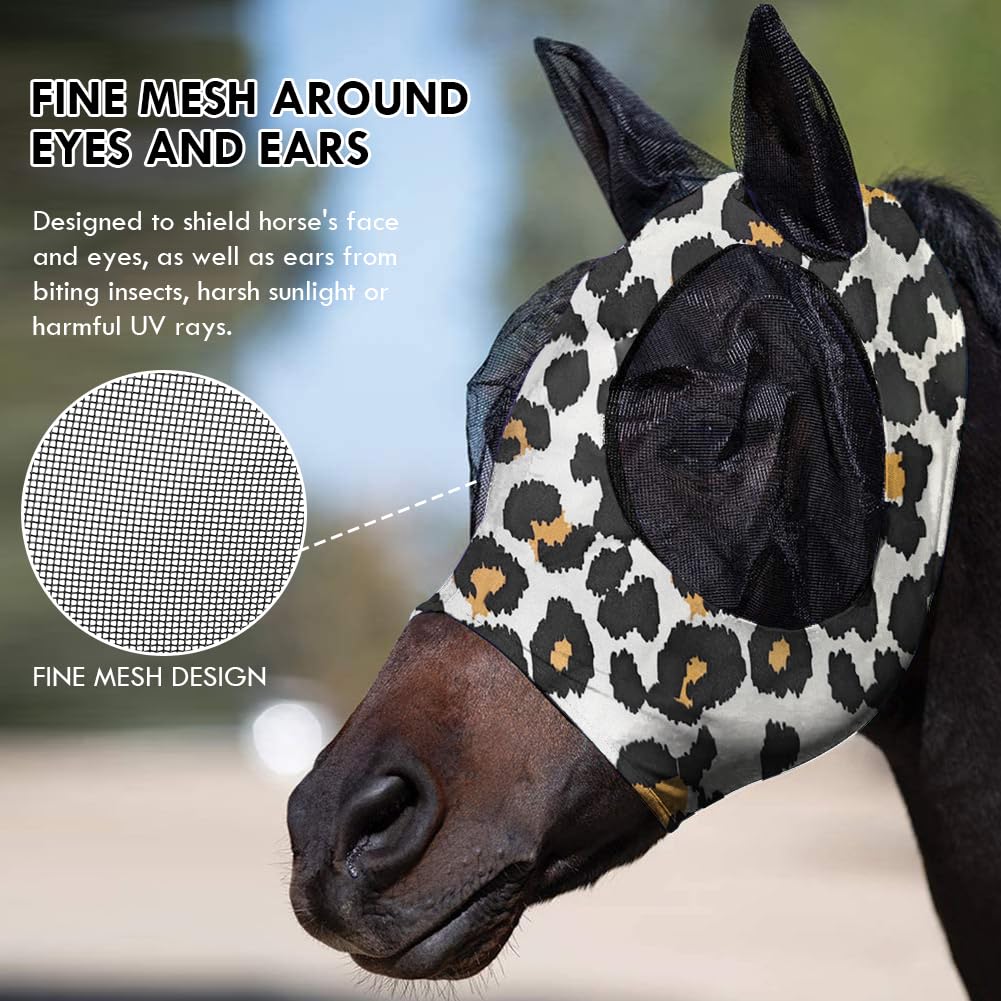 Maschera Antimosche per Cavallo, Maschera Mosche Cavallo Rete Morbida con Paraorecchie, Elasticità Maschera da Mosca per Cavallo con Protezione UV, Anti Mosca, Zanzare(stampa leopardata)