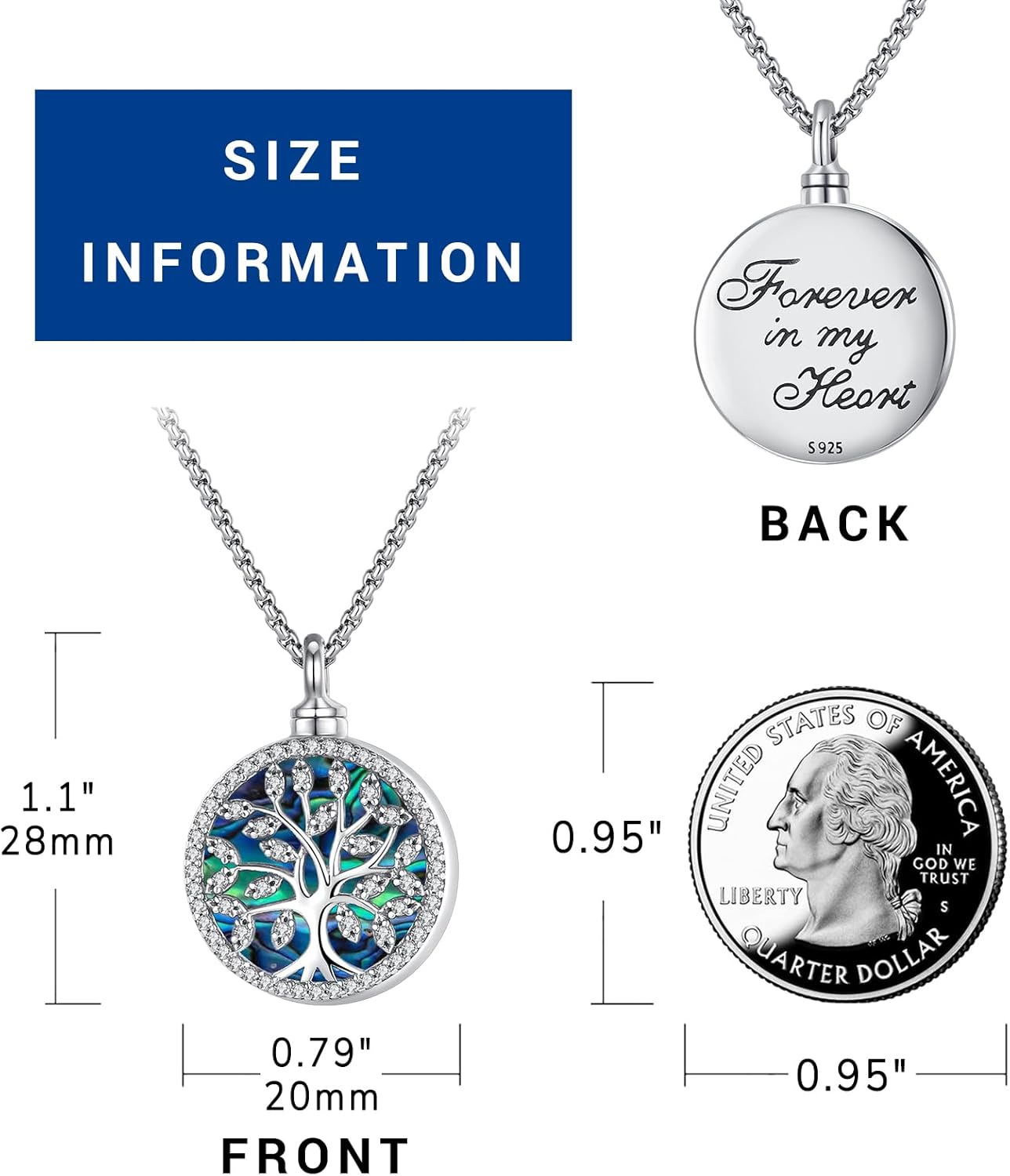 Eusense 925 Sterling Silver Abalone Pendant Necklace for Women Men - Urn Locket Cremation Jewelry That Holds Pictures