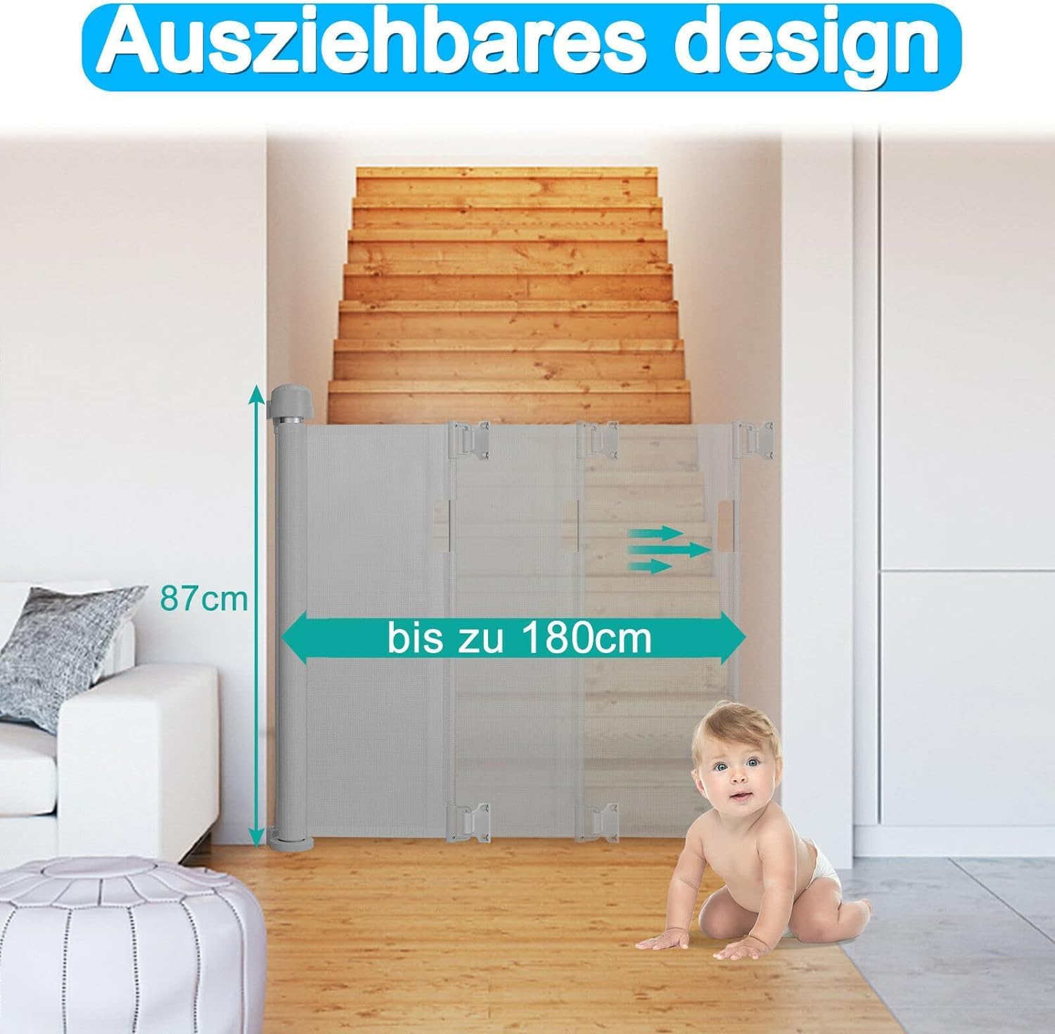 LARS360 Barrera de seguridad extensible de 0 a 180 cm, barrera para bebés, puerta retráctil, extensible, separador de seguridad para interiores y exteriores (gris)