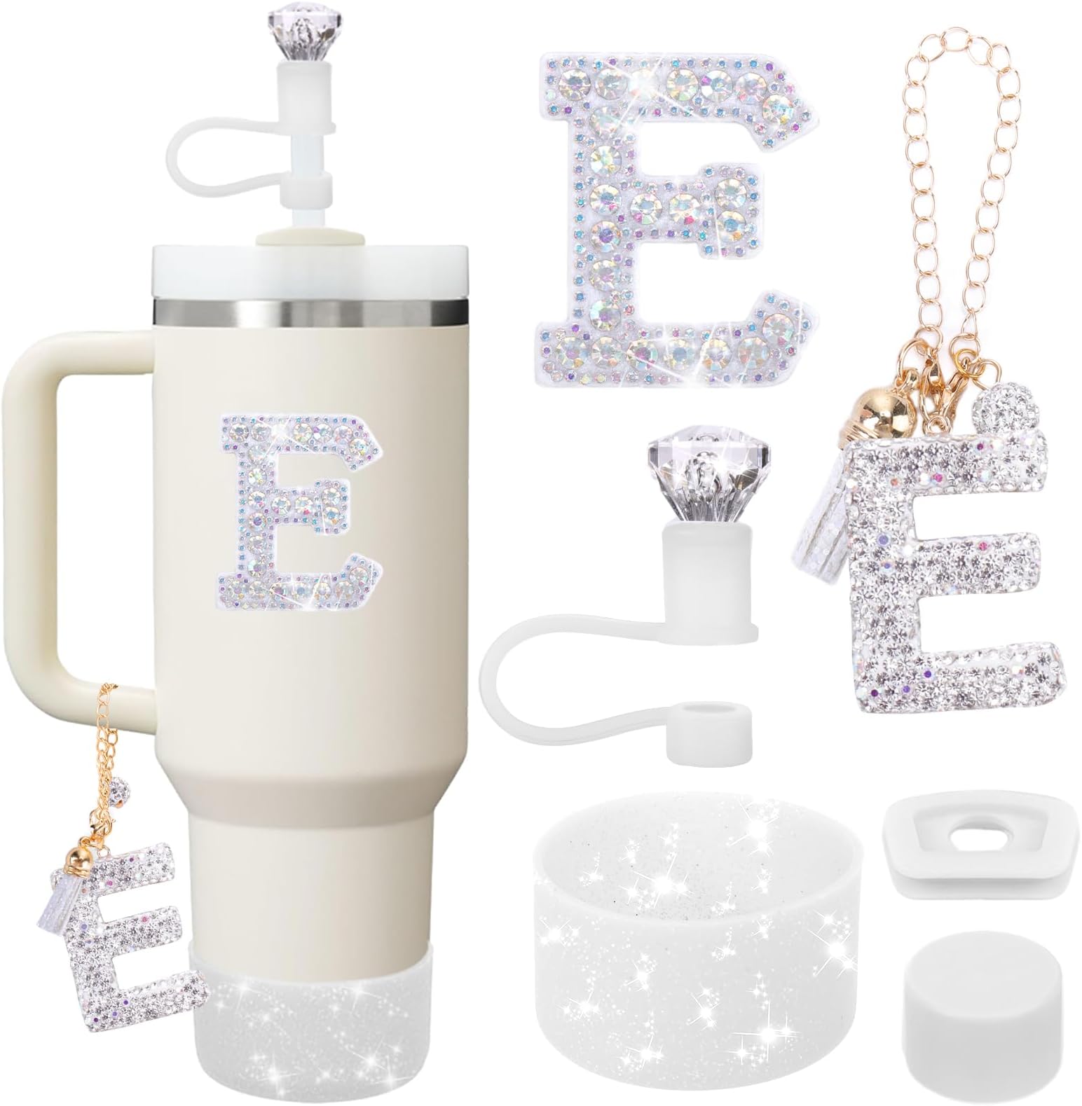 Mity rain Accessories Set for Stanley Cup, Initials Decorations for Tumbler Cup 30/40OZ, Including Diamond Straw Topper/Spill Proof Stopper/Sparkly Silicone Boot Set/Letter Charms for Handle A-Z (E)