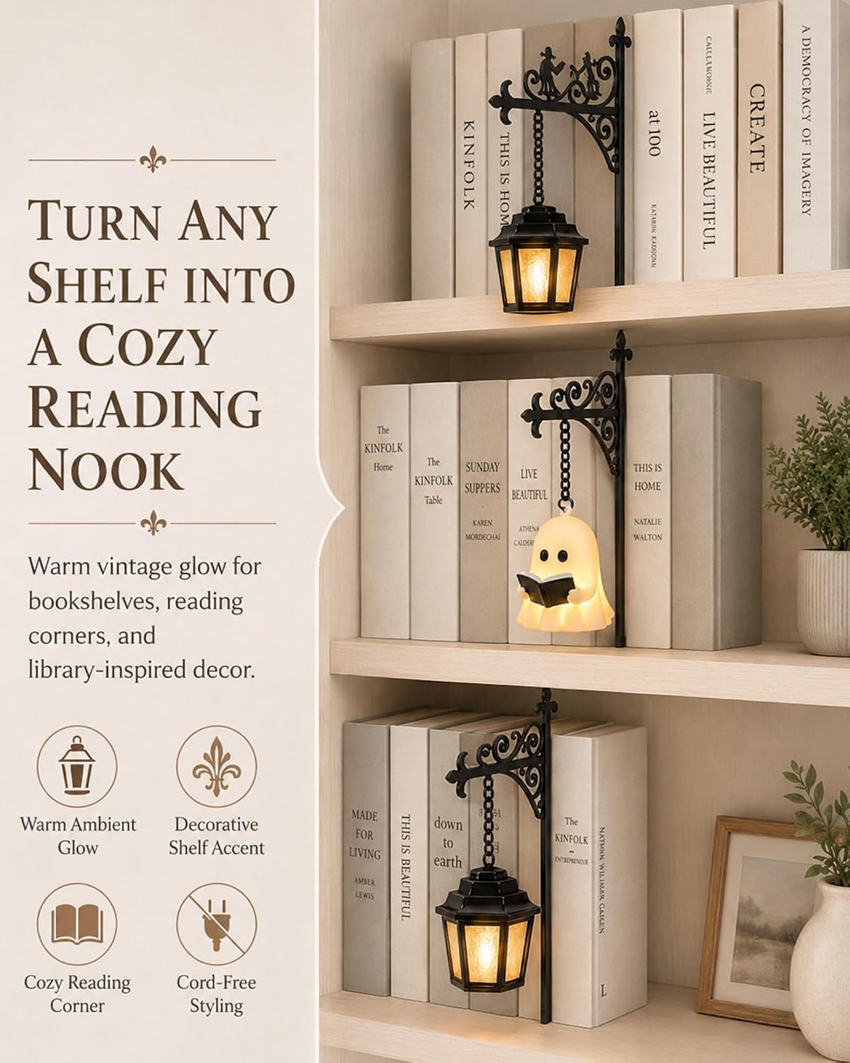 3-Piece Library Lantern Mini Bookshelf Lamp, 3 Designs for Book Nook Decor