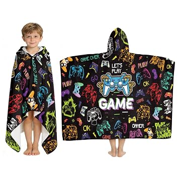 Black Controller Beach Towel for Boys, Flannel Black Gaming Beach Towel, Gaming Hooded Bath Towel, Gamer Lover Gifts for Girls Boys Pool Towels for Swim Quick Dry, Gifts for Gamers, 30x50