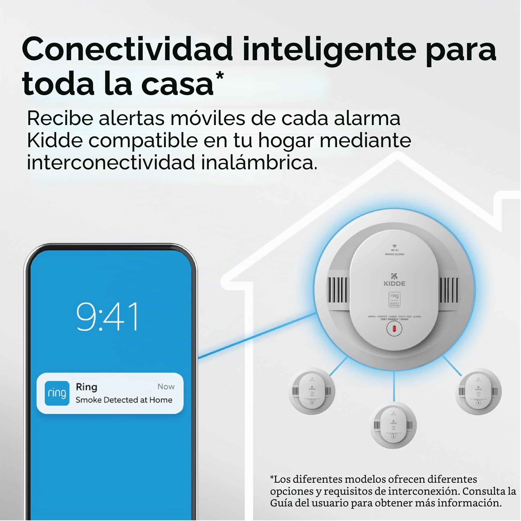 Kidde Detector de Humo Inteligente, aplicación Ring habilitada para notificaciones en Tiempo Real, interconectividad inalámbrica, Pilas AA
