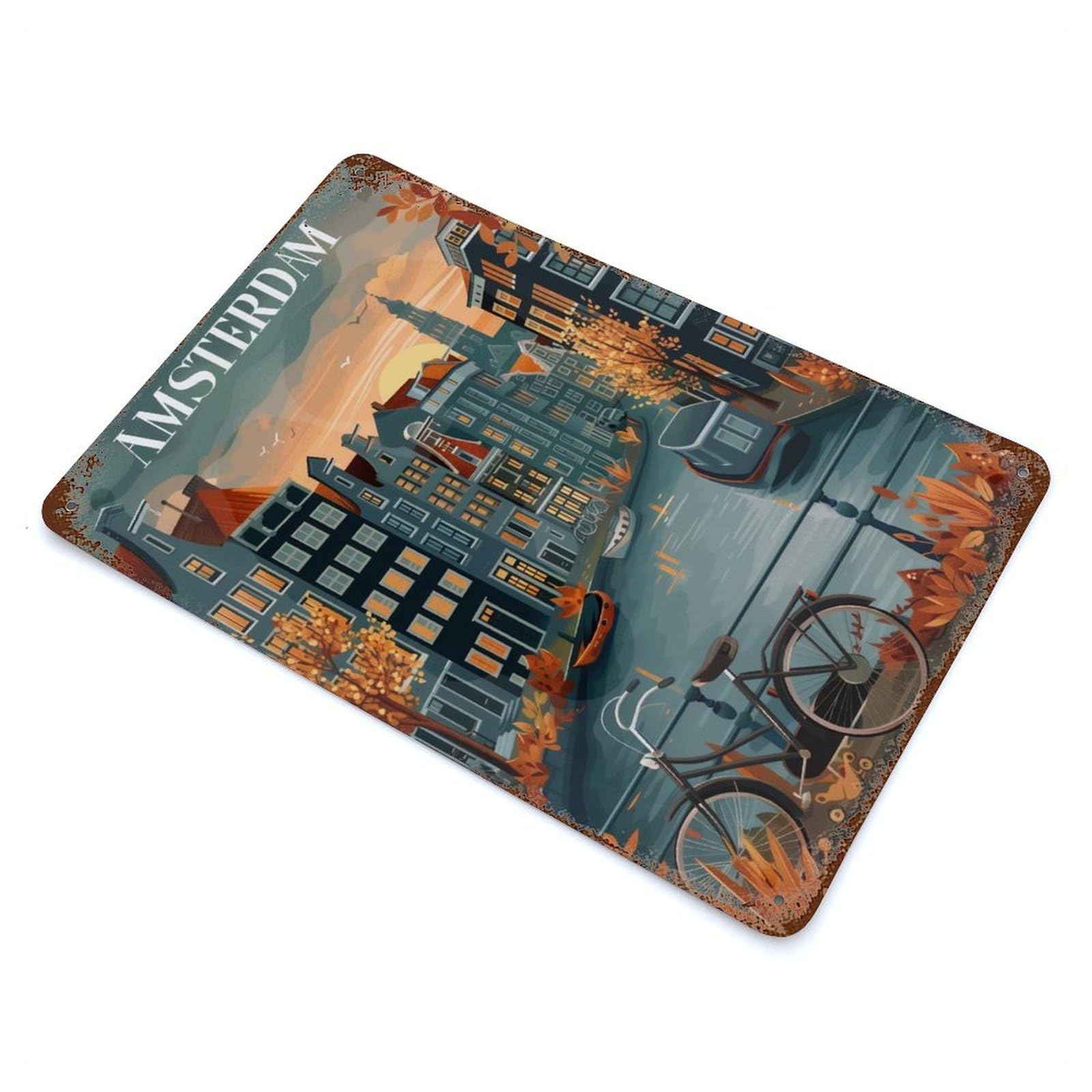 Amsterdam Canal Sunset Aged Metal Wall Plaque 11.8"x7.9", Old School Wall Decor for Garage, Pub Or Kitchen