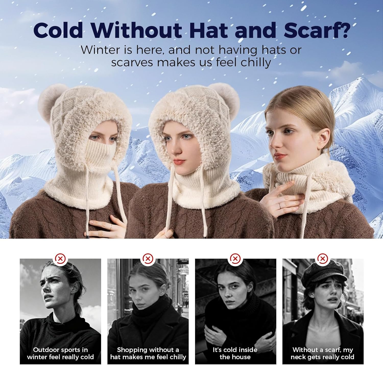 3 in 1 Women’s Beanie Hat Scarf Mask Set - Knitted Windproof Balaclava Ski Mask for Outdoors