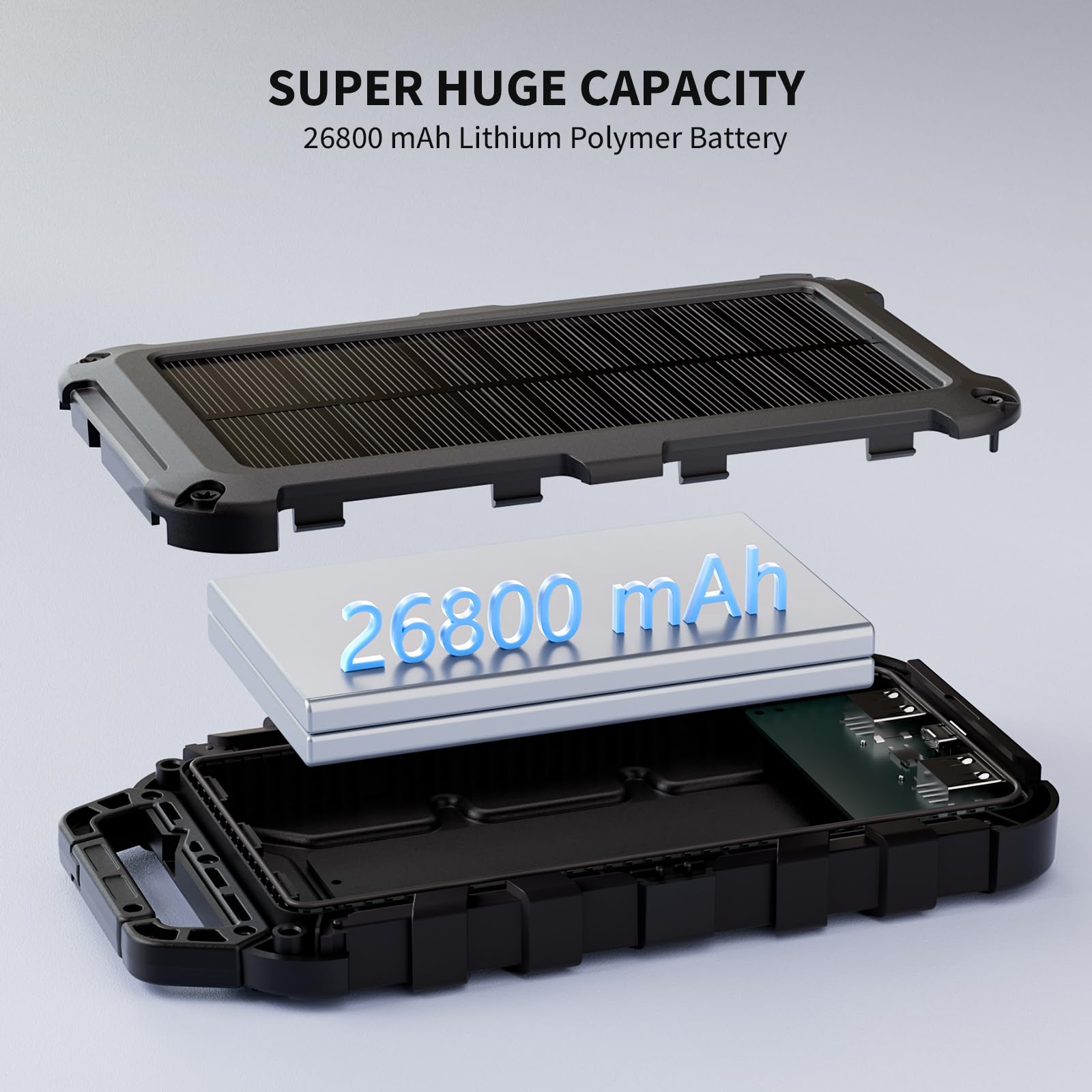 Chargeur Solaire Portable 26800 MAh - Batterie Externe PD15W, 3 Sorties, Lumière LED, Pour Téléphone, Tablette, Camping