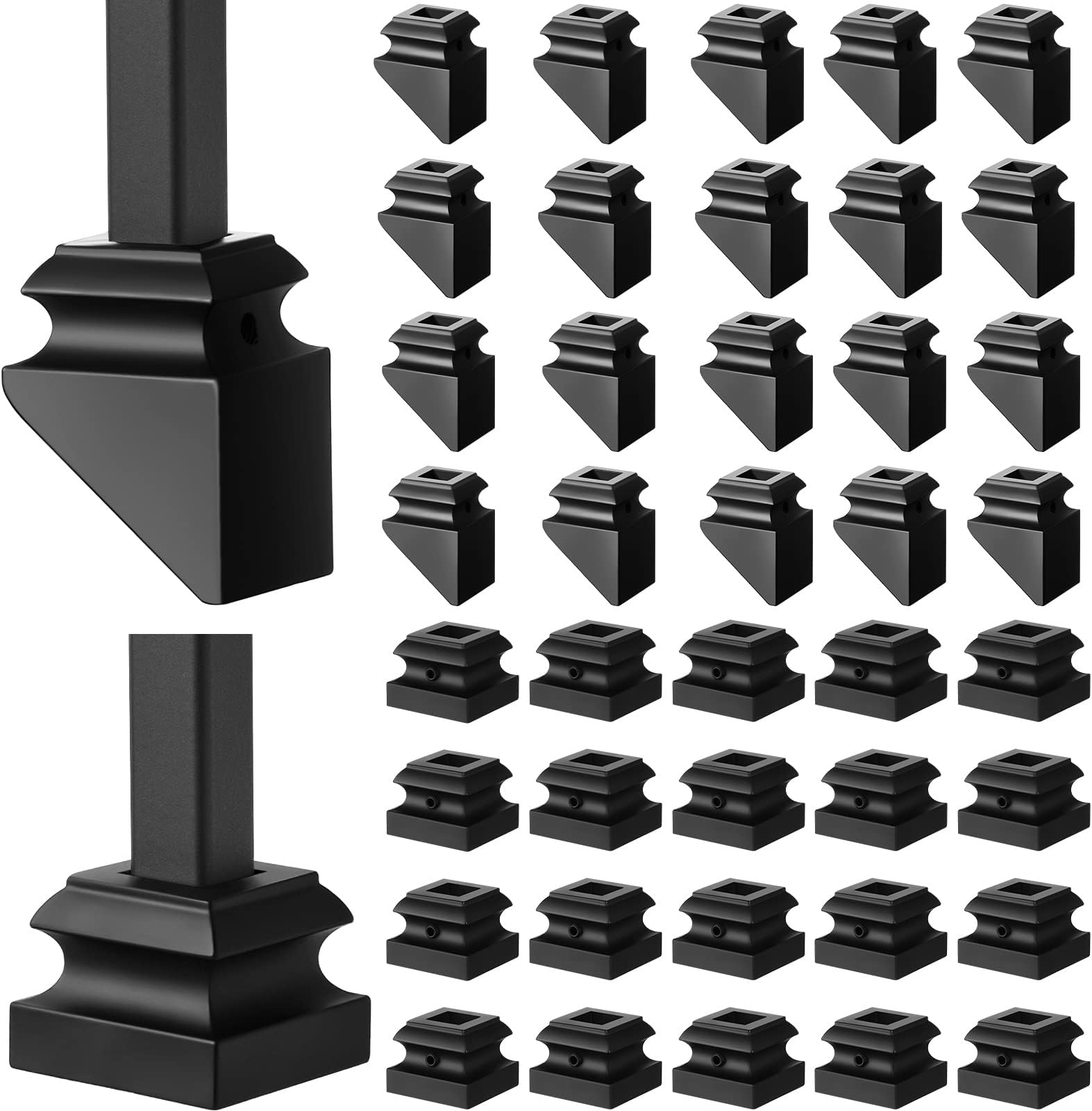 40 Pcs Iron Baluster Shoes Include Flat Shoe and Slant Shoe (Only for the 45 Degree Stair) with Screw Wrought Stair Spindles 1/2 Inch Square Staircase Baluster for Indoor Outdoor Railing Black