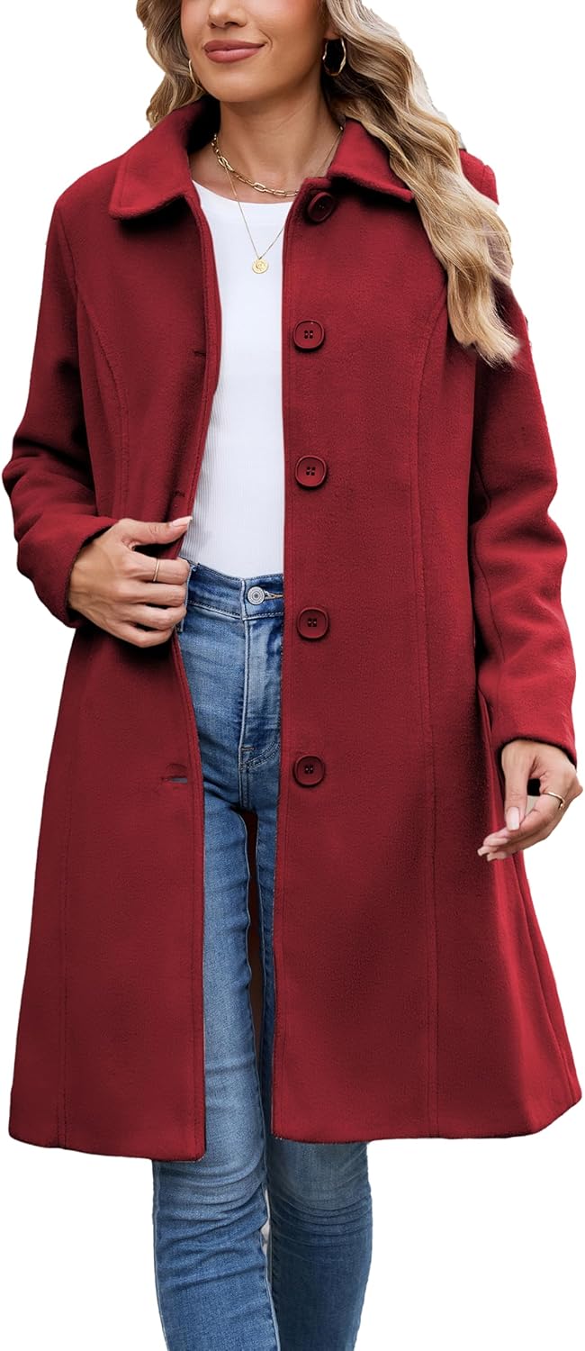 Springrain Womens Pea Coat Elegant Overcoat Single Breasted Winter Coat Dress Coat with Pockets