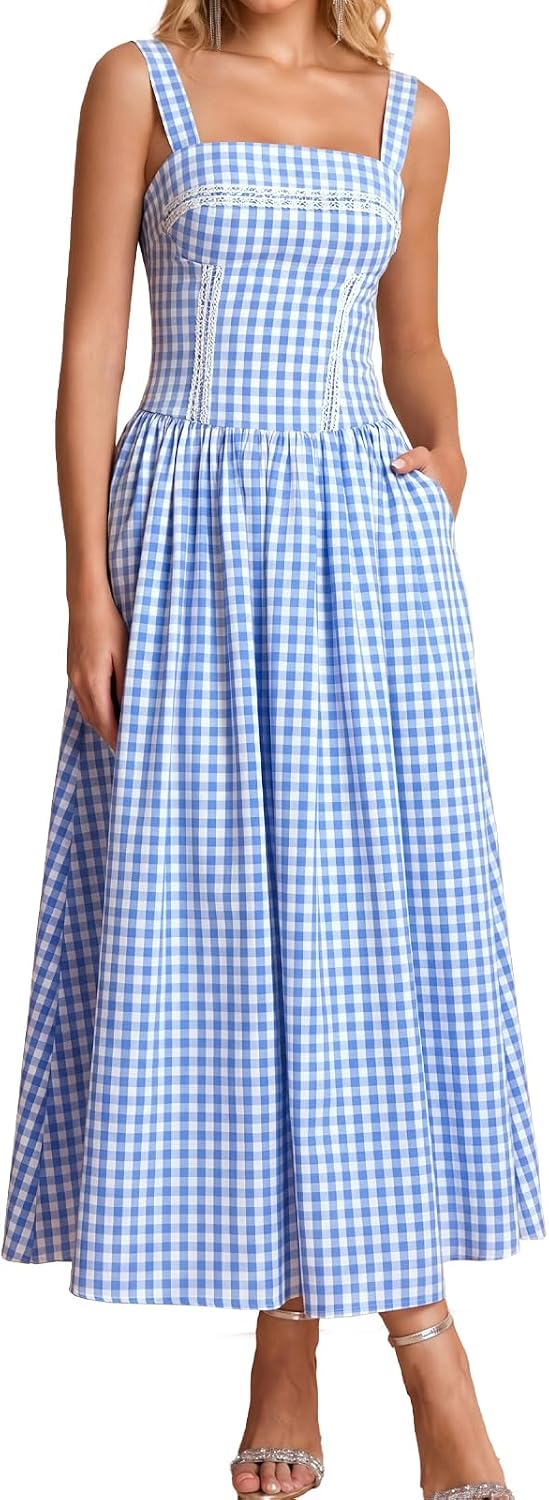 XinFSh Women's Summer Corset Midi Dress Flowy Square Neck Sleeveless Lace Wedding Guest Dresses with Pockets