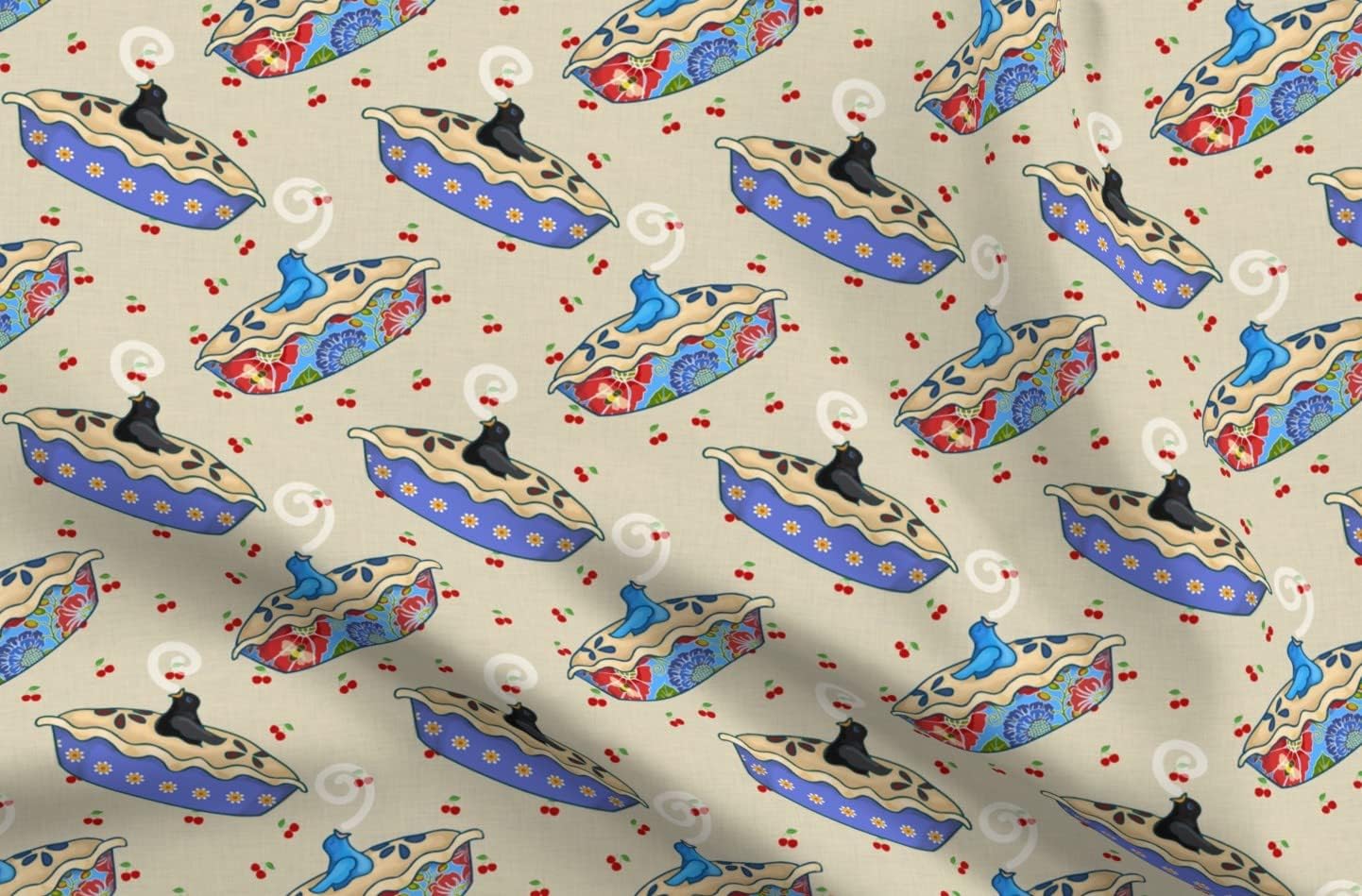 Spoonflower Fabric - Pie Bird Vintage Black Cherry Blackbird Nursery Folk Art Food Dessert Printed on Petal Signature Cotton Fabric Fat Quarter - Sewing Quilting Apparel Crafts Decor