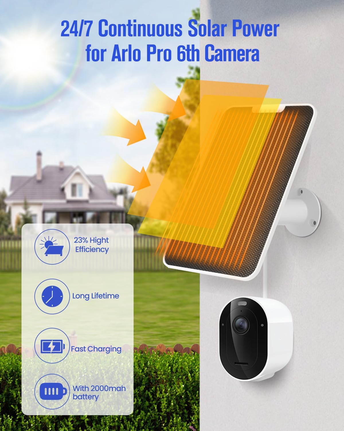 Solar Panel Charger Compatible with Arlo Pro Security Camera 2K HDR(6th Gen, 2025 Release), Built-in Battery Solar Panel for Arlo Pro 6/6XL, 9.8ft USB-C Plug Cable, IP65 Waterproof, Wall Mount, 2 Pack