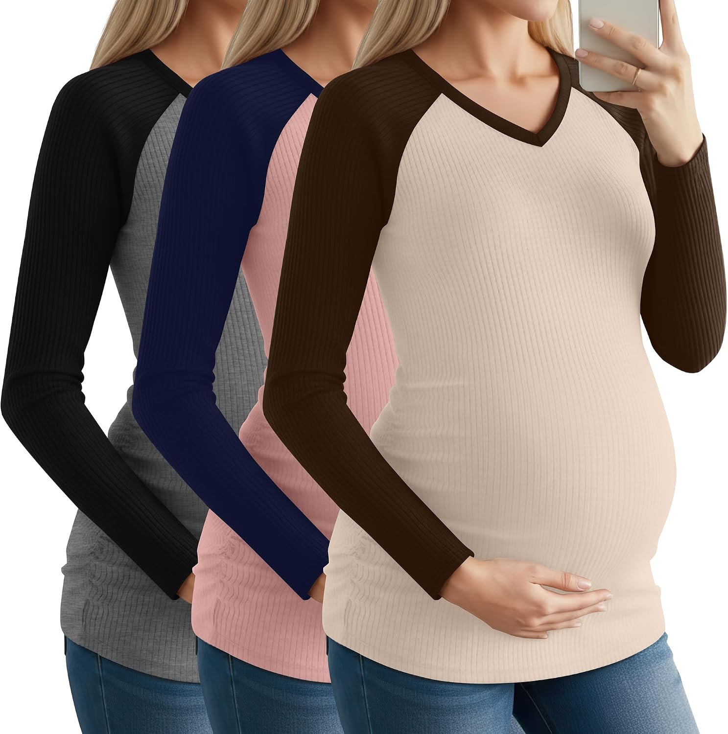 3 Pack Women's Maternity Shirts, Raglan Long Sleeve V Neck Cotton Maternity Tops Side Ruched Pregnant Clothes