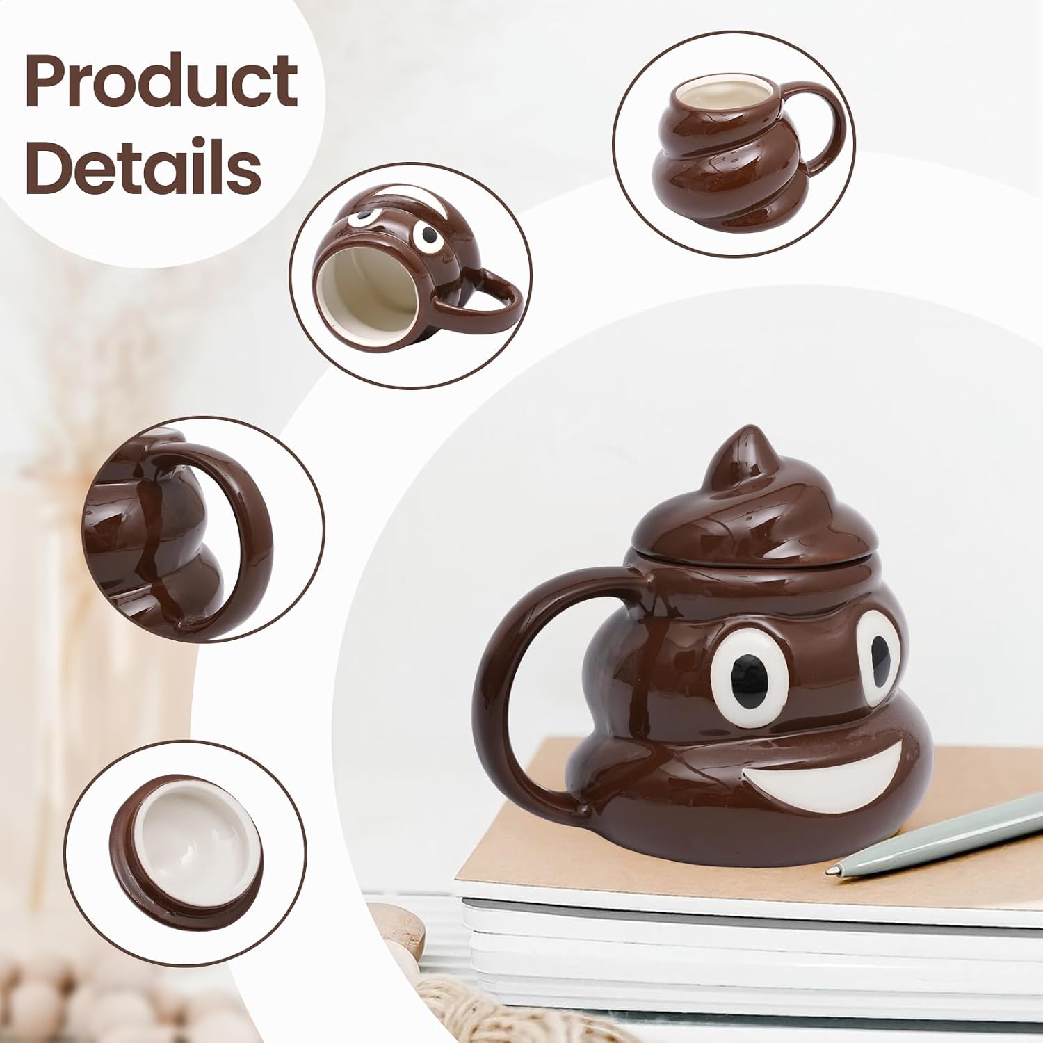 Funny Ceramic Poop Coffee Mugs 16oz - Unique Coffee Mugs with Lid And Handle, Big Cute Novelty Desk Cup for Office Adults & White Elephant Gifts