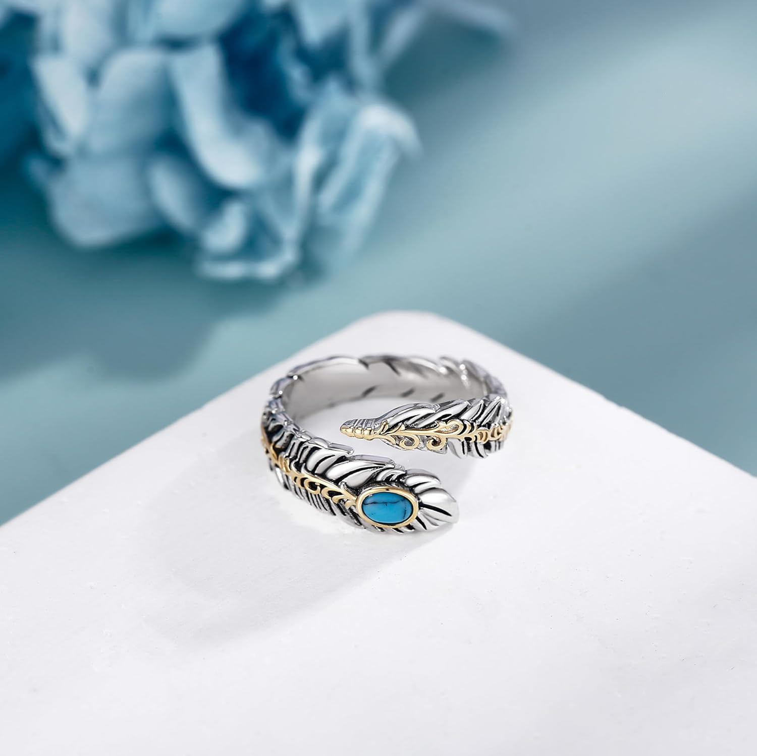 Turquoise Feather Ring 925 Sterling Silver Vintage Filigree Feather Rings Western Turquoise Jewelry Mothers Day Gifts for Women - Image 2