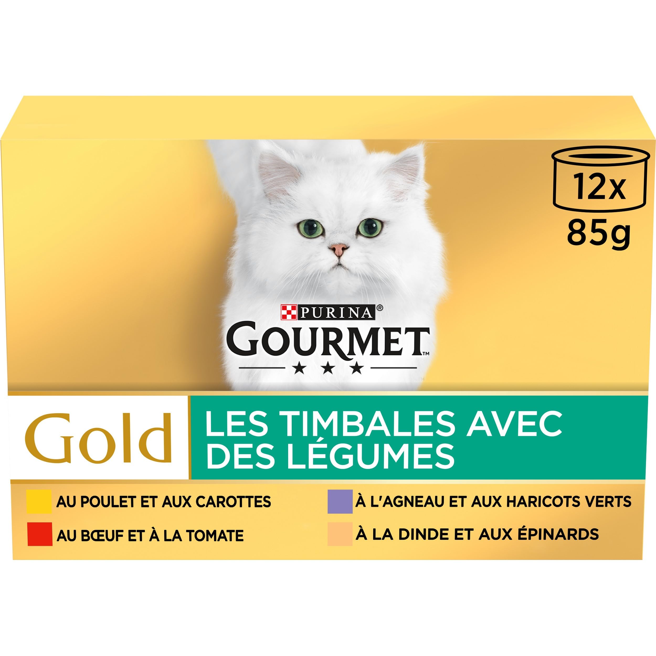 GOURMET | GOLD | Les Timbales aux Légumes| Aliment Complet pour Chat Adulte | Boîtes | Au Bœuf, Poulet, Dinde, Agneau | Lot de 8 (12x85g)