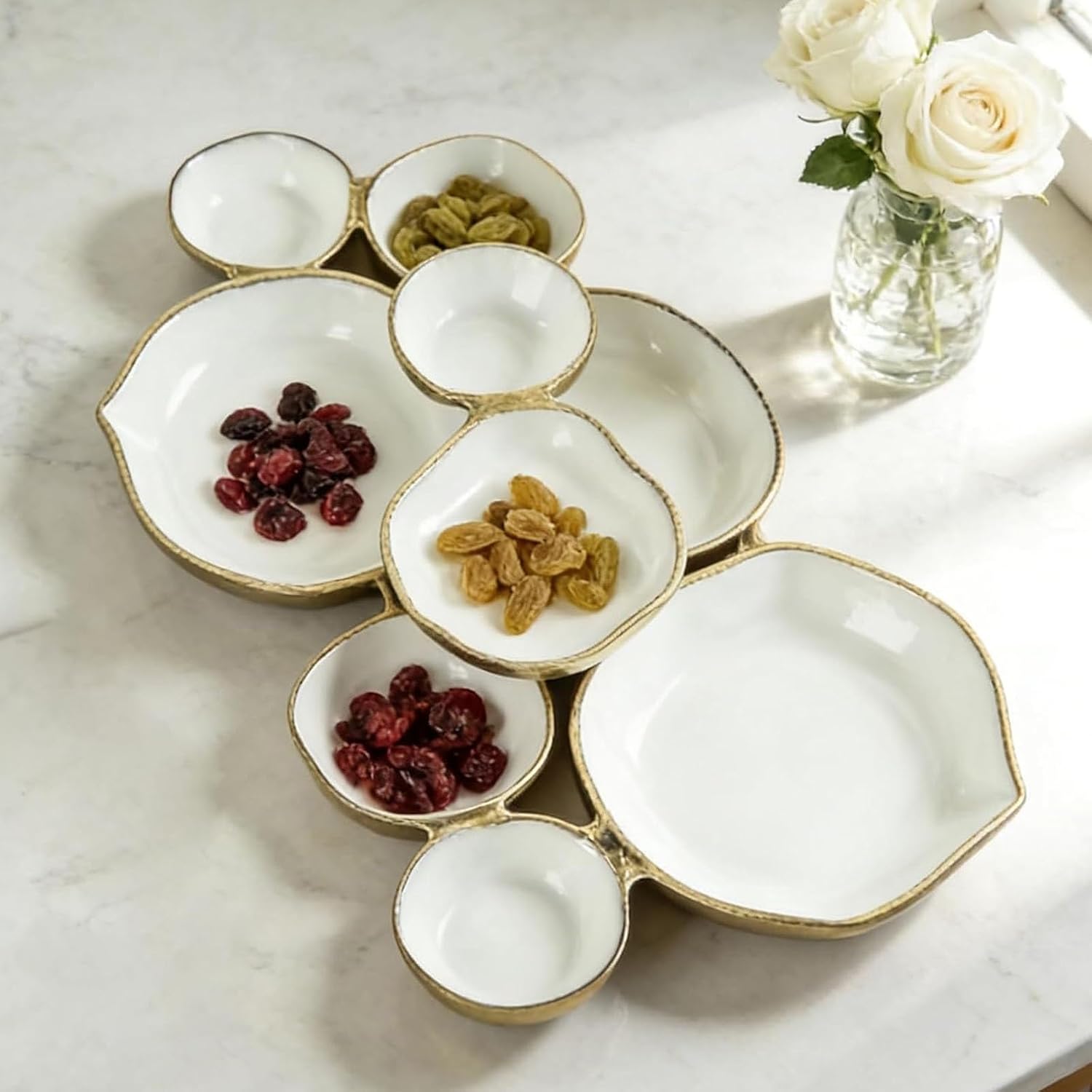 Cluster Accent Bowls, Cluster of 9 Round Serving Tray, Multi-Compartment Centerpiece with Compartments, Decorative Snack and Appetizer Serving Dish for Dining Room Wedding Parties(Gold)