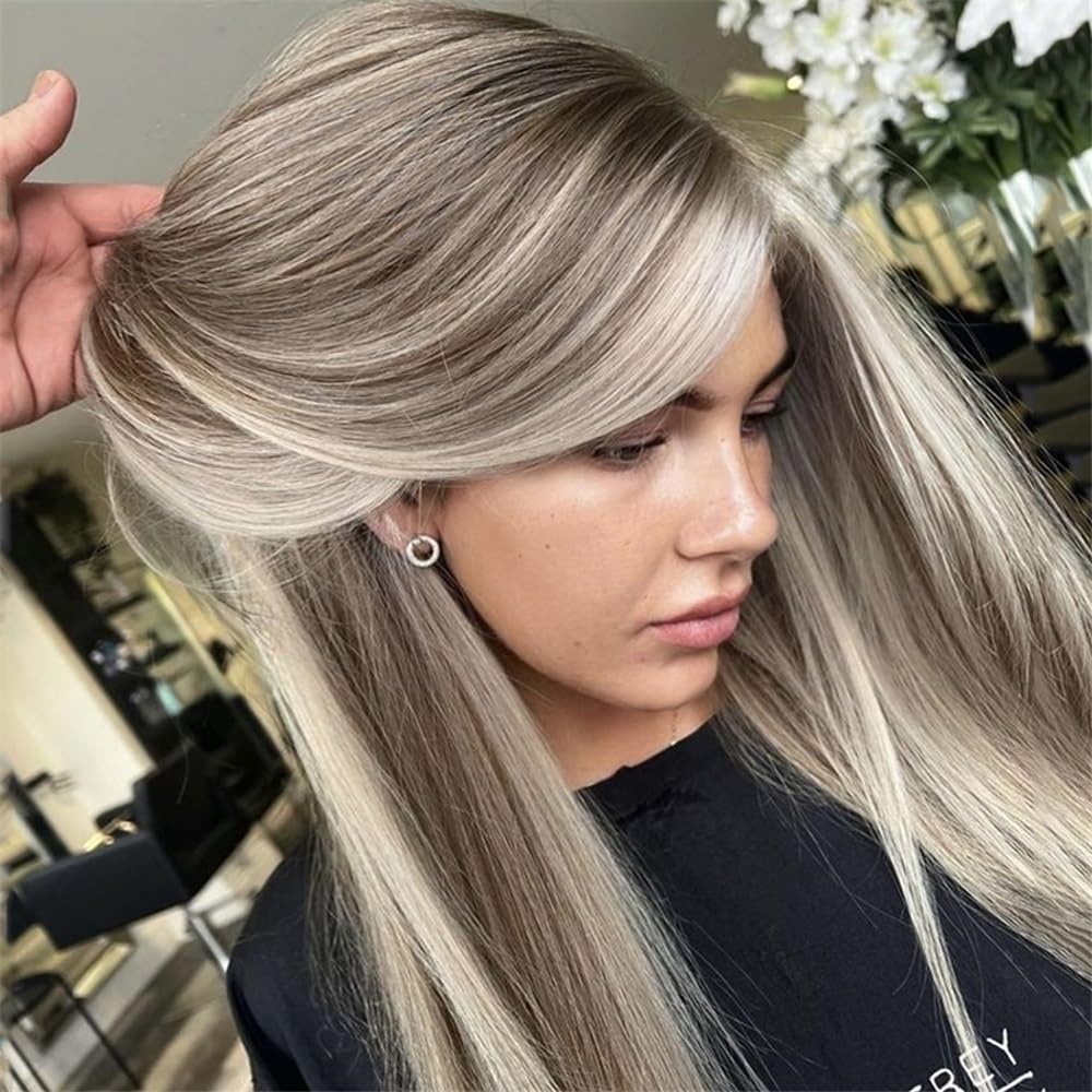 Realistic Wigs Straight 13x6 Ash Brown Highlight Lace Front Wig Human Hair Transparent Frontal Women Hairstyle(36inches)