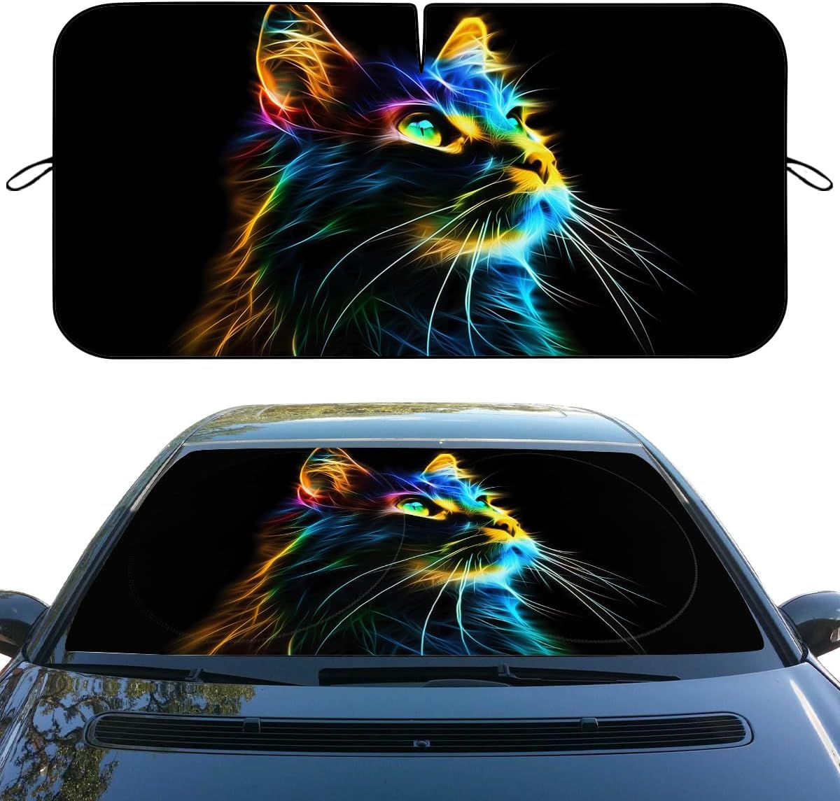 Neon Cat Car Windshield Sunshades Modern Colorful Cute Kitten Heatshield Front Window Car Sun ​Shade Windshield Blocks UV Rays Sun Visor Protector for Car Sedan Truck SUV Accessories 59" L x 31.5" W
