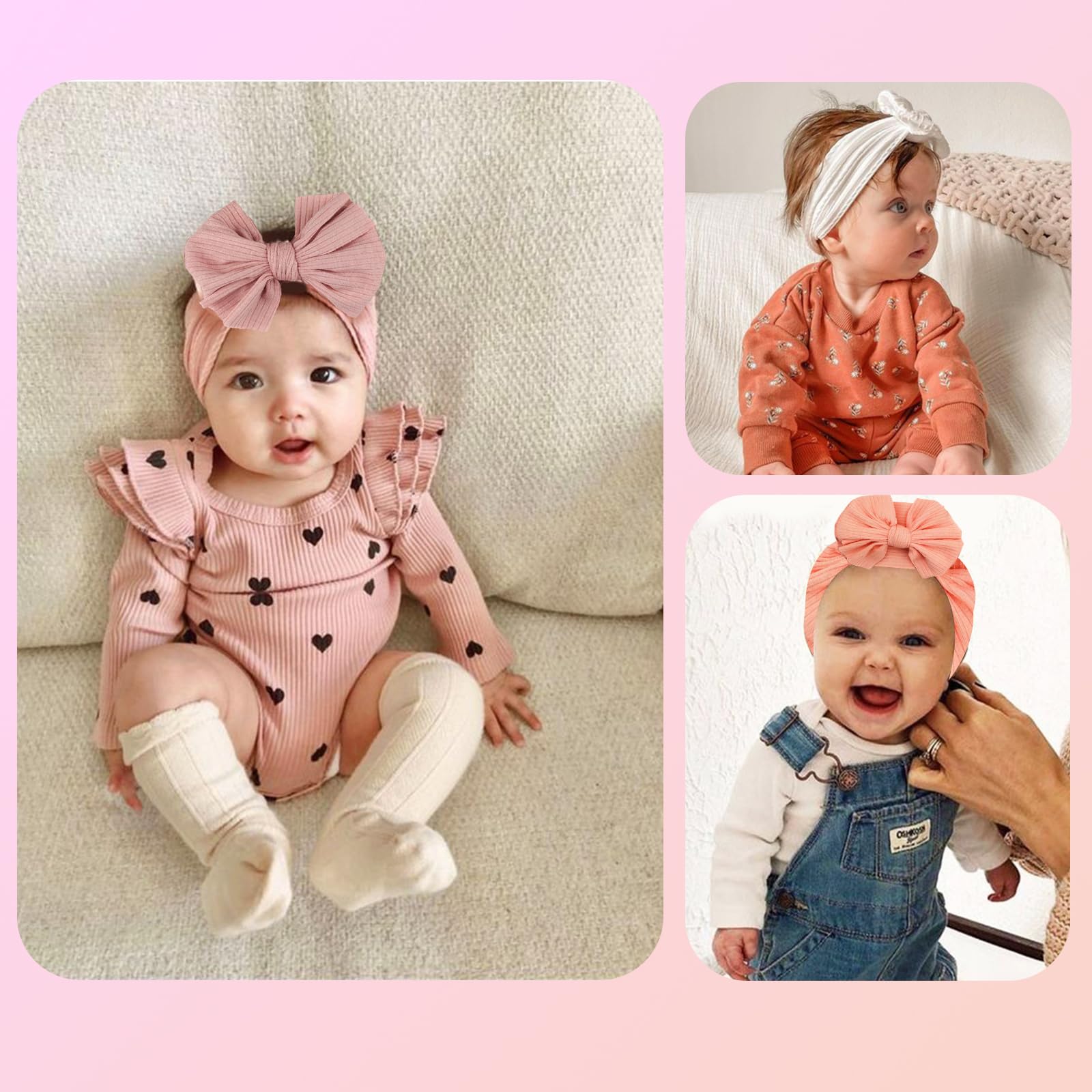 4 Pezzi Fasce Bambina Neonata,Fascia Neonato in Cotone,Elastica Fascette Per Capelli Per Fiocchi,Fascia Per Turbante,Accessori per Bambina Neonata 0-3 Anni(Rosa/Bianco/Beige/Pesca)