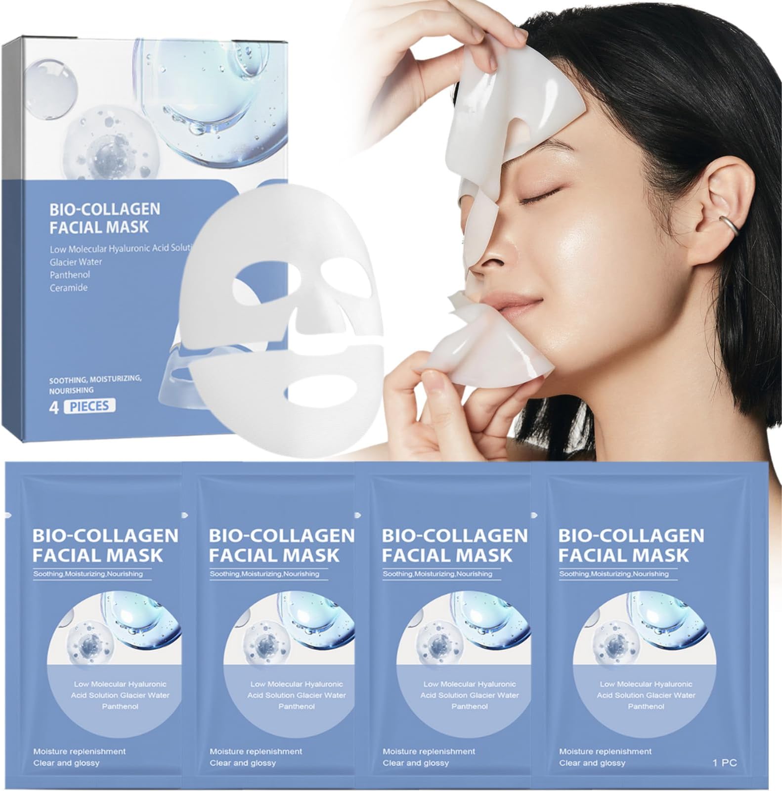 Bio Collagen Face Mask,4PCS Anti Wrinkle Mask,Firm Skin Deep Hydrating,Bio Collagen Face Overnight,Small Molecule Penetration, Elasticity Improvement (Blue)