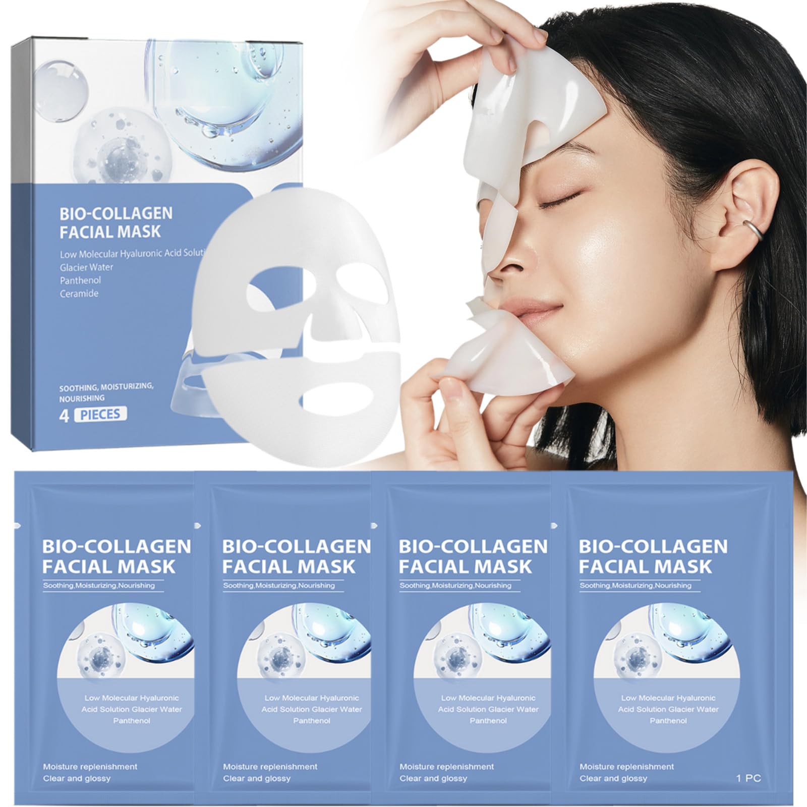 Bio Collagen Face Mask,4PCS Anti Wrinkle Mask,Firm Skin Deep Hydrating,Bio Collagen Face Overnight,Small Molecule Penetration, Elasticity Improvement (Blue)