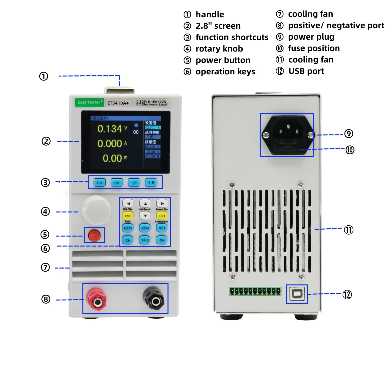 ET5410A+ Probador electrónico de carga, DC 400W 40A probador de capacidad de batería programable 150V 40A