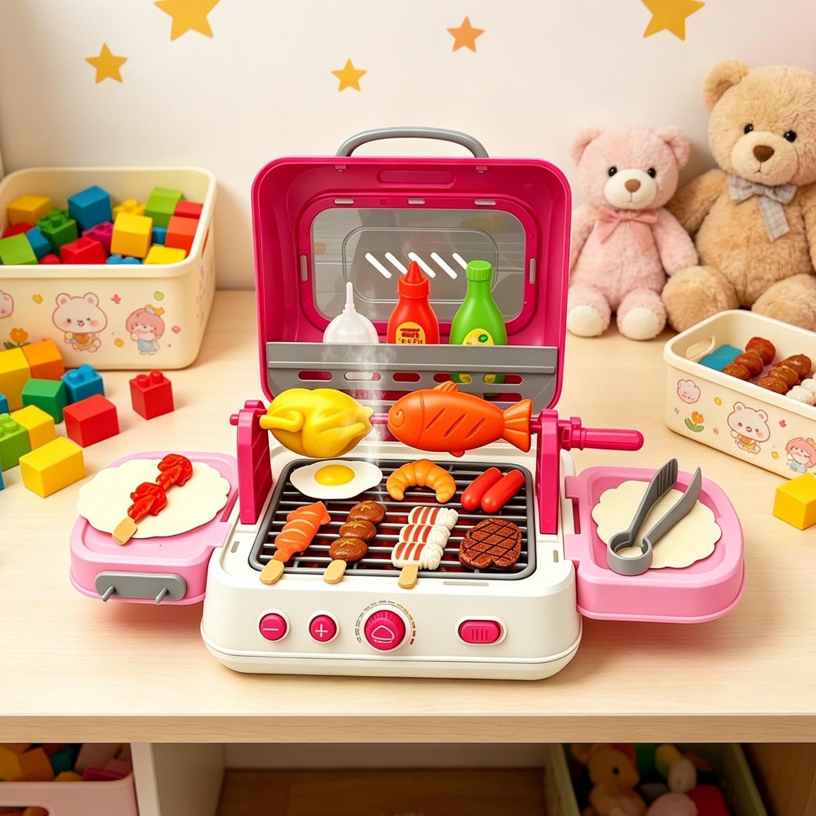 Set Griglia da Esterno per Bambini Set Pieghevole Interattivo con Suono e | Set Cibo Giocattolo Cucina Per Bambini e Bambine, Viaggio, Campeggio, Festa di Compleanno