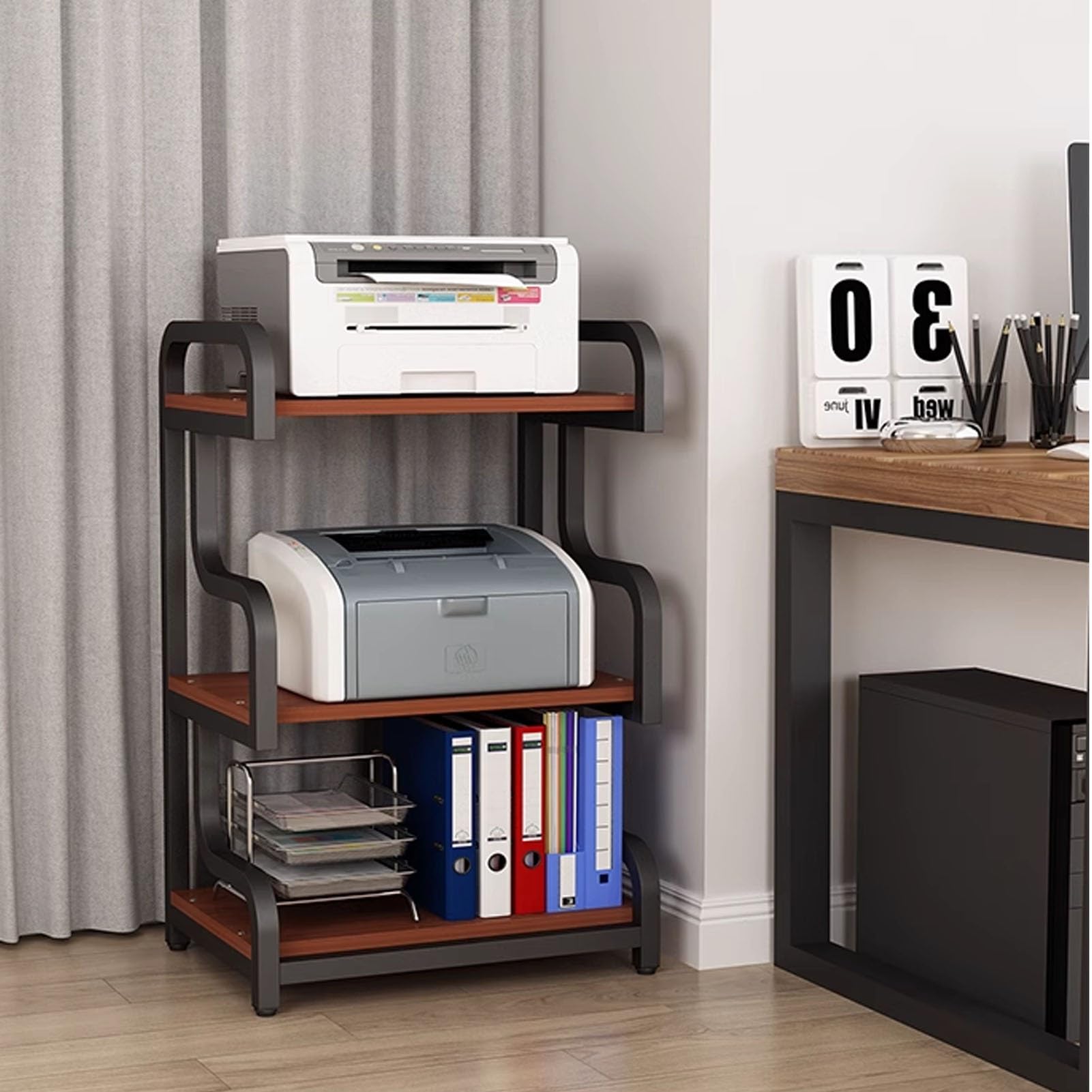 Supporto per Stampante Multifunzionale a 3 Livelli, Tavolo per Supporti AV ad Alta Resistenza, ripiano per Ufficio per stampanti, Scanner e Materiali di consumo, Nero, 60 cm/23,6 Pollici - D