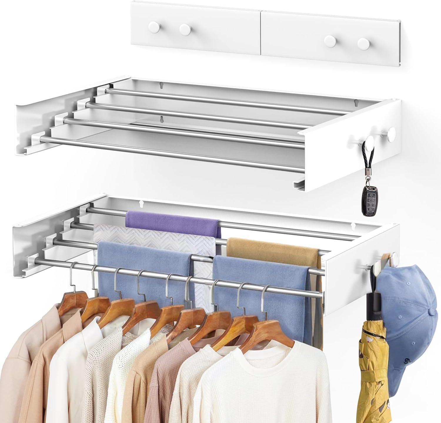 Upgrade Laundry Drying Rack - Collapsible, Wall Mounted, Retractable, 31.5" Wide, 13.2 Linear Ft, 5 Aluminum Rods (White 31.5" with 5 Hooks)
