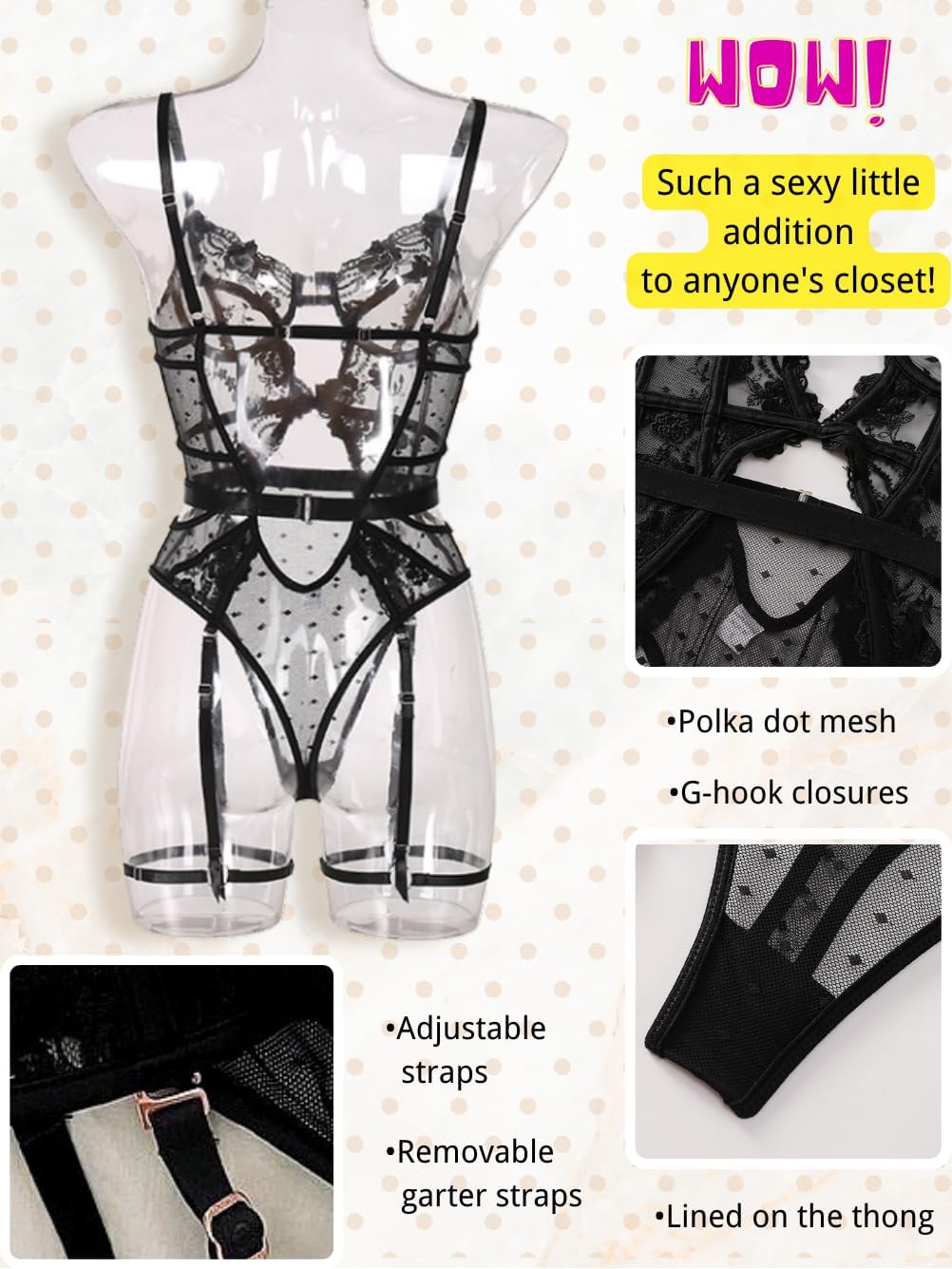 Kaei&Shi Floral Embroidered, Underwire, Removable Garter, Thigh Straps, Backless Bodysuit - Image 3