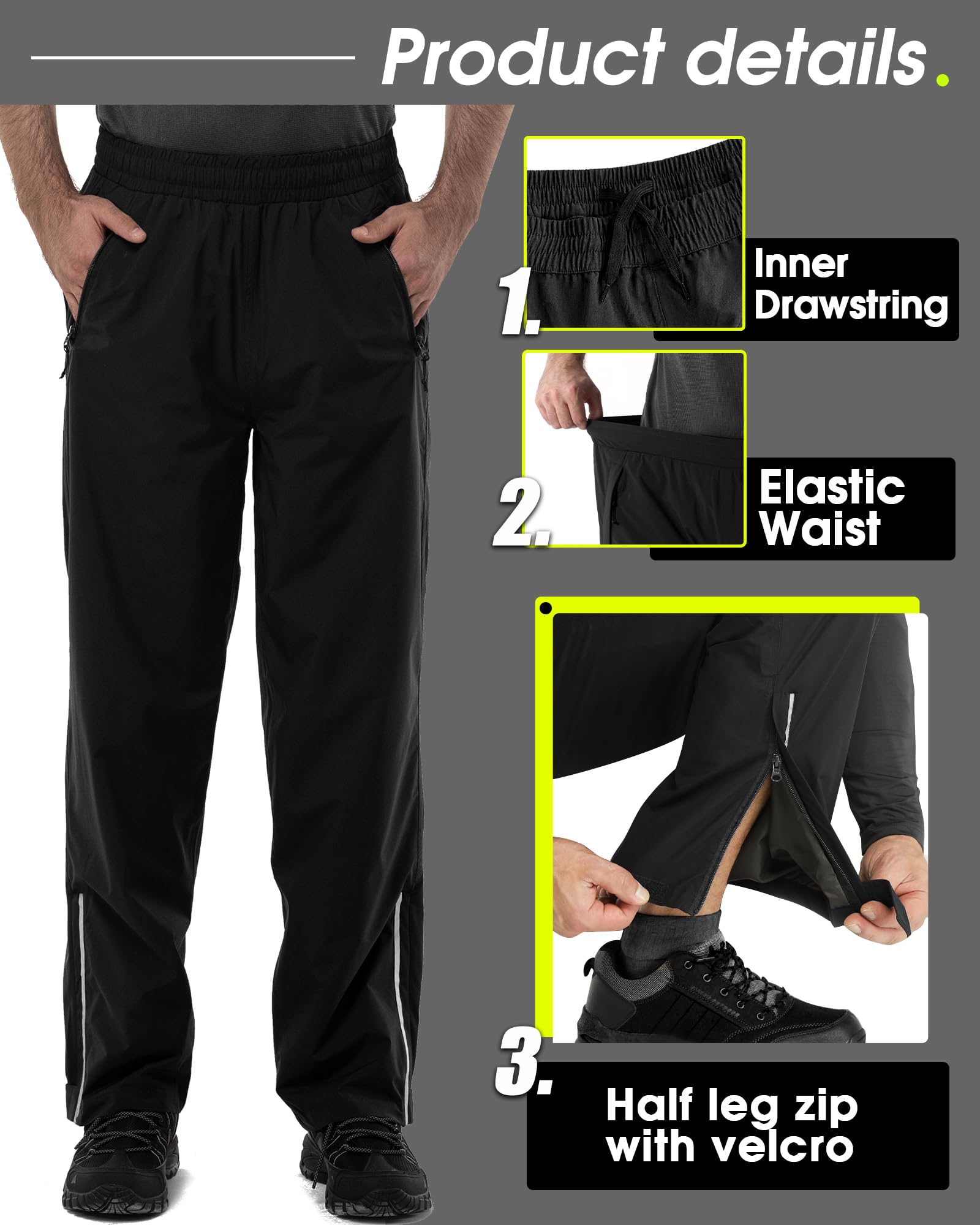 33,000ft Pantalon de pluie imperméable pour homme - Pantalon de randonnée léger - 5000 mm - Coupe-vent - Pour la randonnée, le camping, le vélo