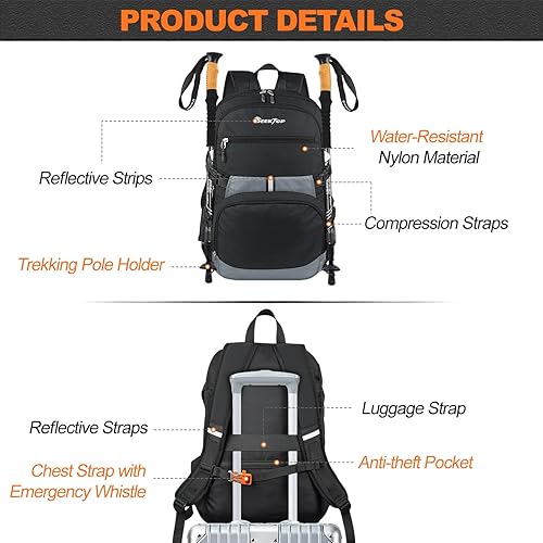 Miniatura 5 de Seektop Mochila de viaje ligera para hombres y mujeres, múltiples bolsillos 40L, mochila de senderismo plegable, Negro, Grande