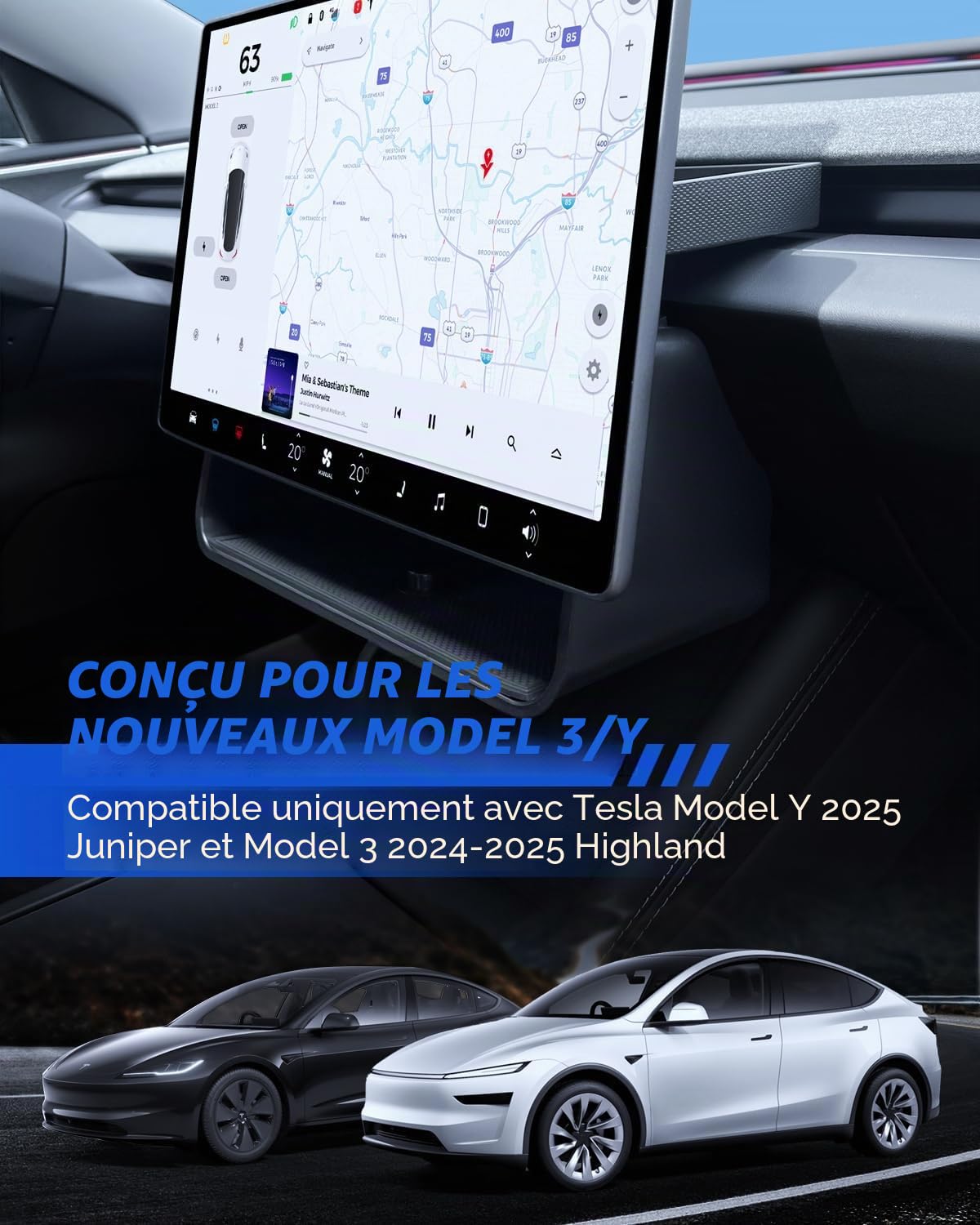 Organisateur sous l’Écran pour Tesla Model Y 2025 et Model 3 2024-2025 Boîte de Rangement Derrière l’Écran avec Tapis Antidérapant Tesla Juniper Highland Accessoires