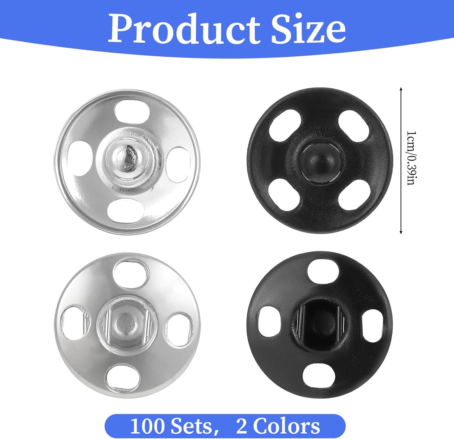 Premium Sewing Snaps 100 Sets 10 Mm Sew-On Snap Buttons Sewing Snaps Metal Snaps Fasteners Press Studs Buttons for Sewing Clothing (Black & Silver)