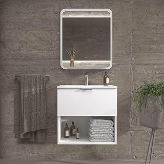 VARO BATH | Mueble de baño suspendido colección MIREIA - Color Blanco (1 Puerta + 1 Cajón) (Lavabo Blanco, 80cm de Ancho)
