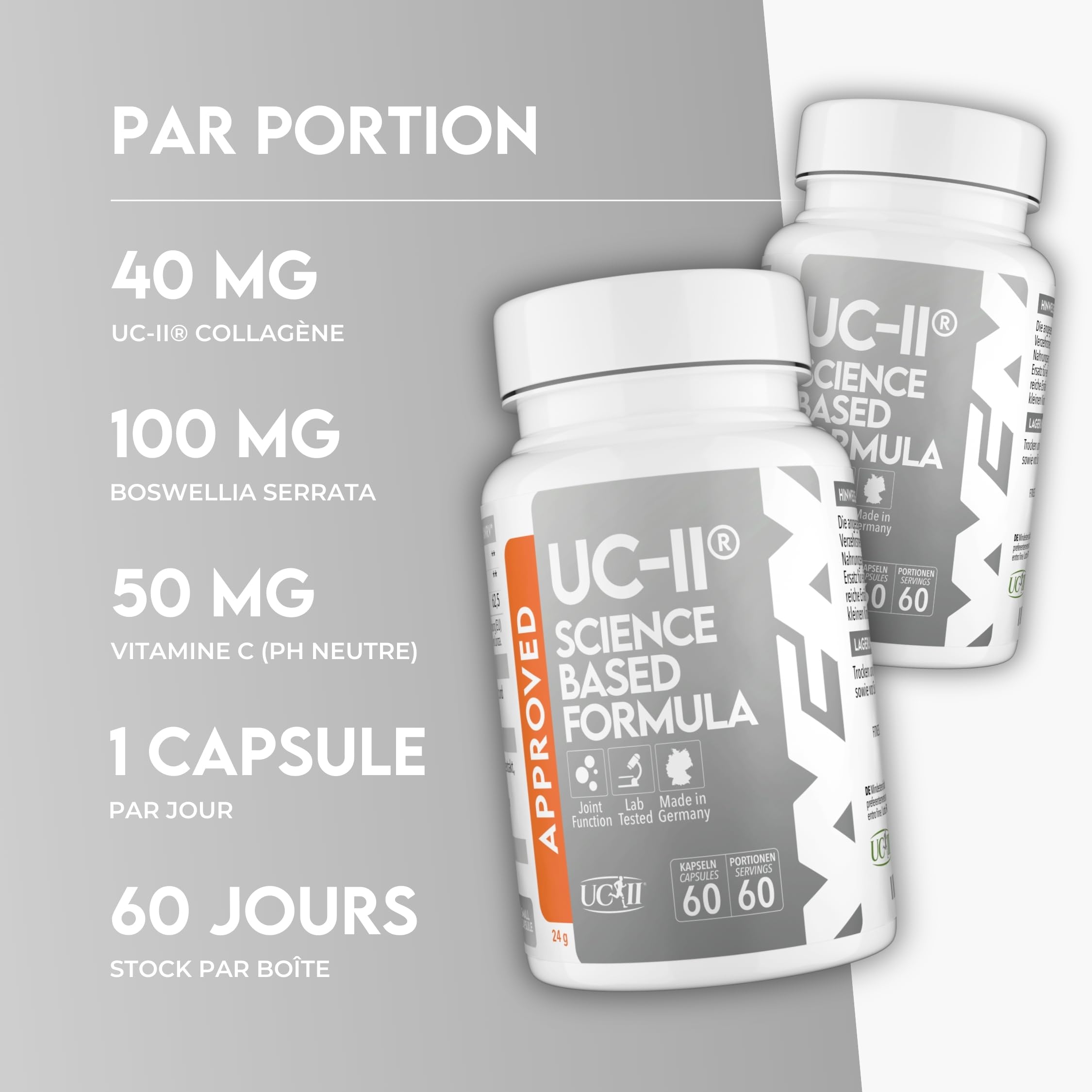 WFN Approved UC-II - Collagene Type 2 non dénaturé - 60 Gélules - Complexe articulaire avec Collagène UC 2, Vitamine C et Boswellia Serrata - Testé en externe