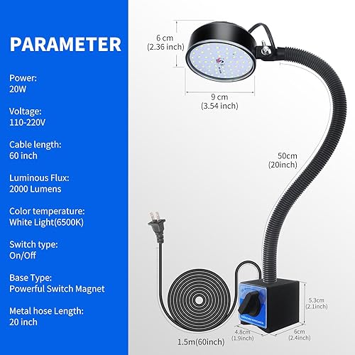 Miniatura 3 de Luz de trabajo magnética de 20 W, luz LED para máquina con cuello de cisne flexible de 20 pulgadas y base magnética, lámpara magnética para taller,