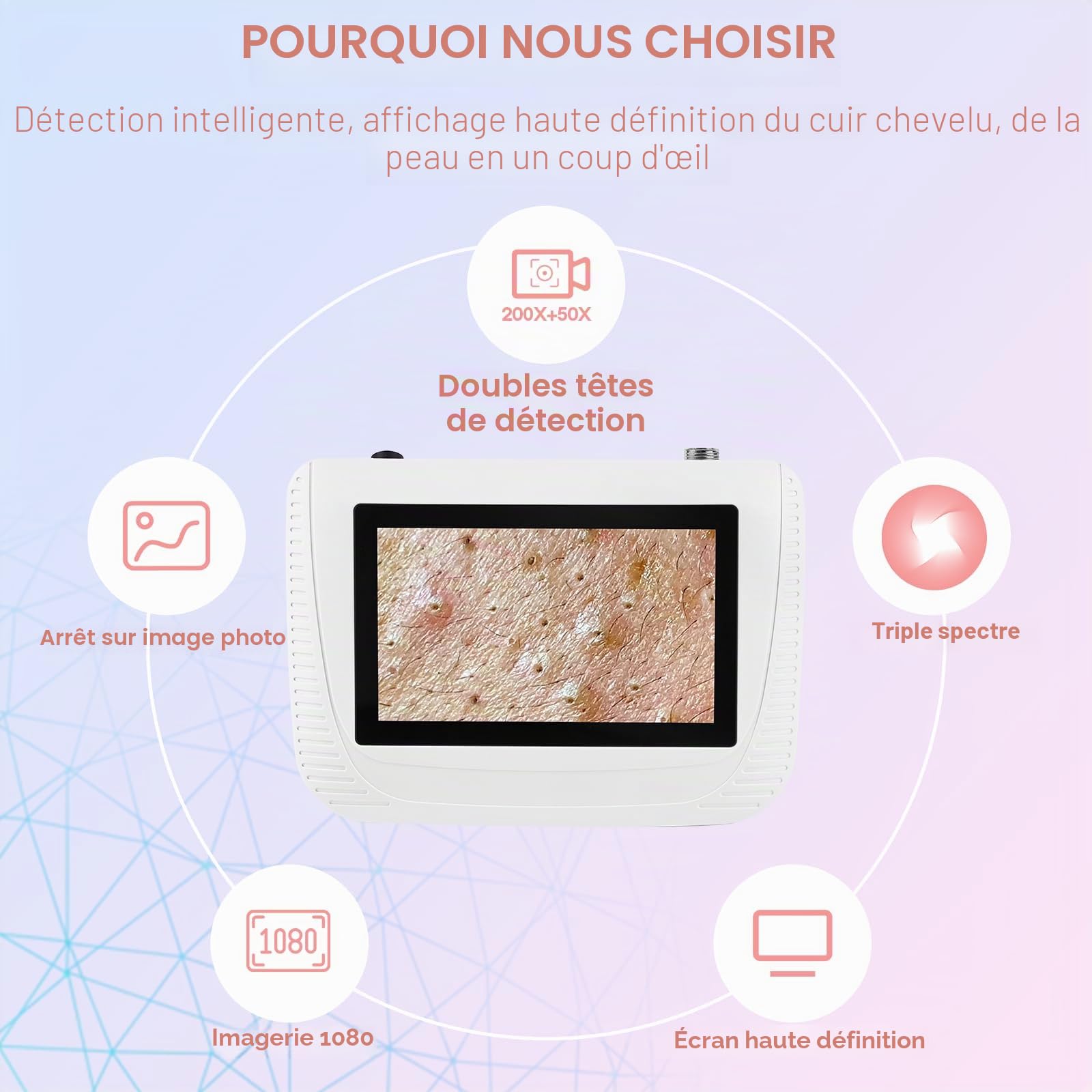 Analyseur de Cheveux de Peau Microscope Numérique LCD 5 Pouces Scanner Détecteur de Cuir chevelu 50X 200X Portable Rechargeable Huile de follicule pileux Détecteur d'Augmentation d'Humidité