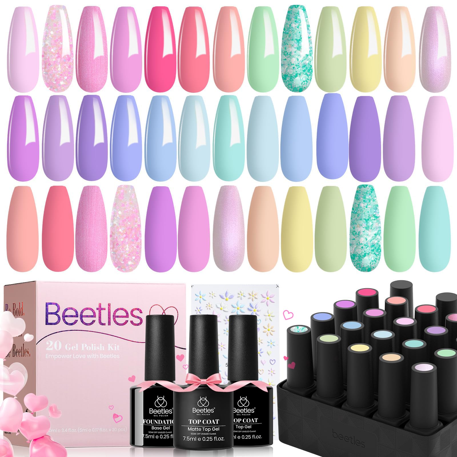 Beetles Pink Gel Nail Polish Set, 20 Color Macaron Colors Bright Pink Green Pastel Nail Polish Kit with Base Gel Glossy & Matte Top Coat Soak off Uv Nail Art Valentines Gifts for Women